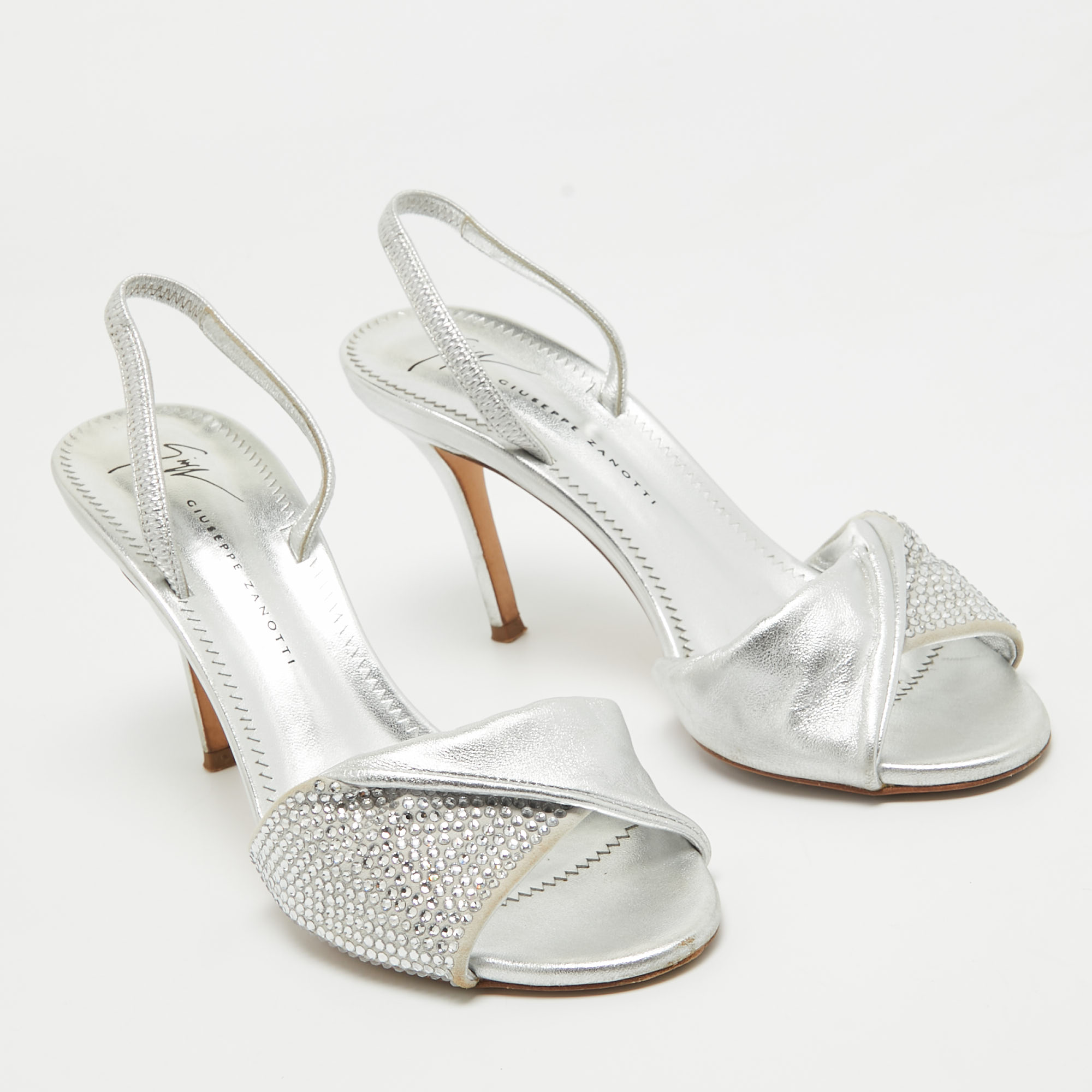 Giuseppe Zanotti Silver Leather Crystal Embellished Slingback Sandals Size 36