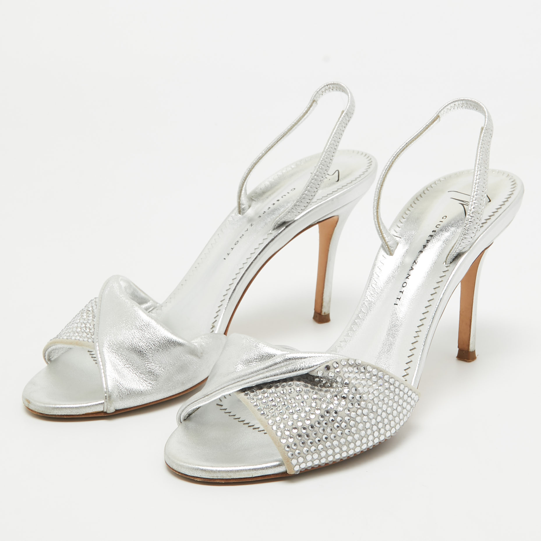 Giuseppe Zanotti Silver Leather Crystal Embellished Slingback Sandals Size 36