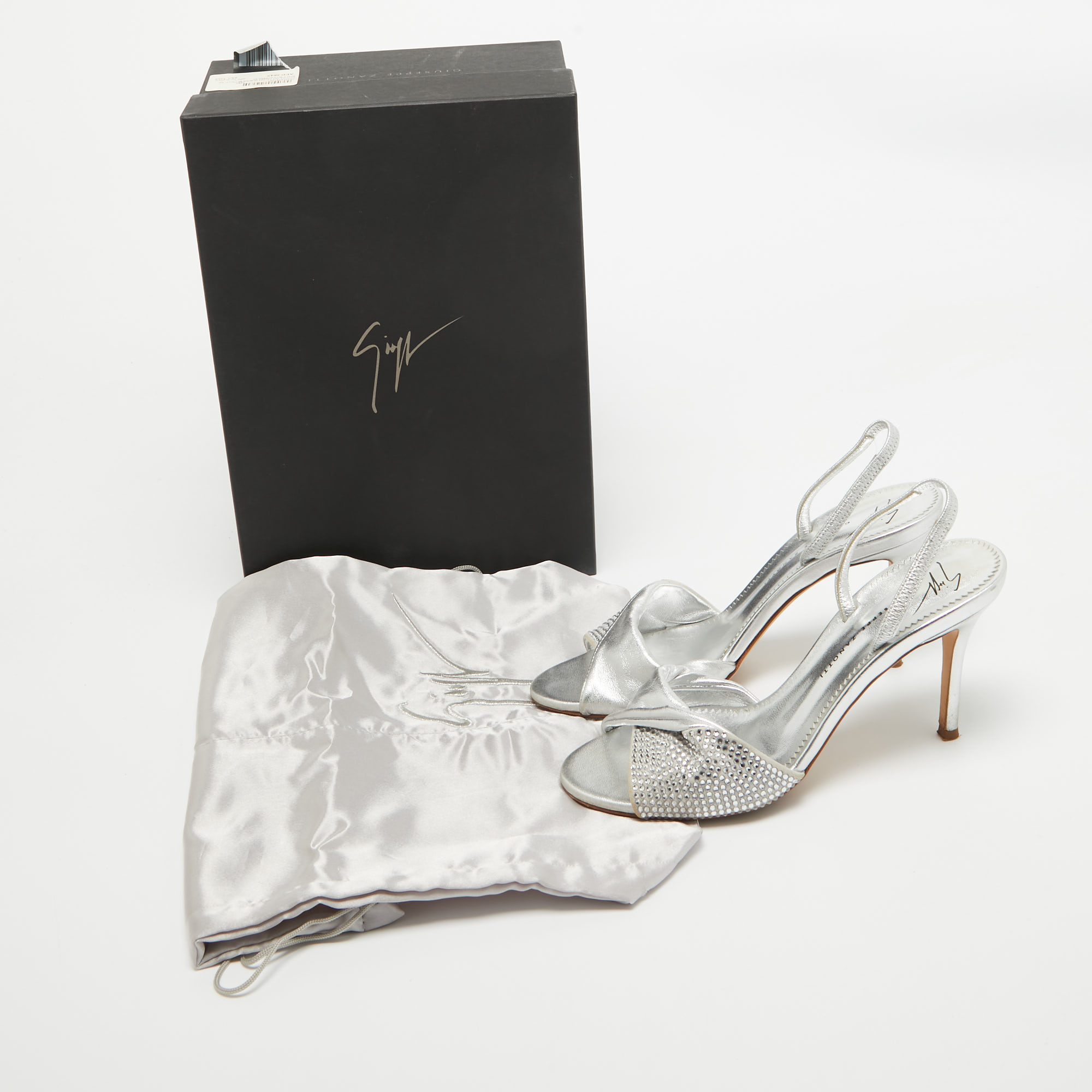 Giuseppe Zanotti Silver Leather Crystal Embellished Slingback Sandals Size 36