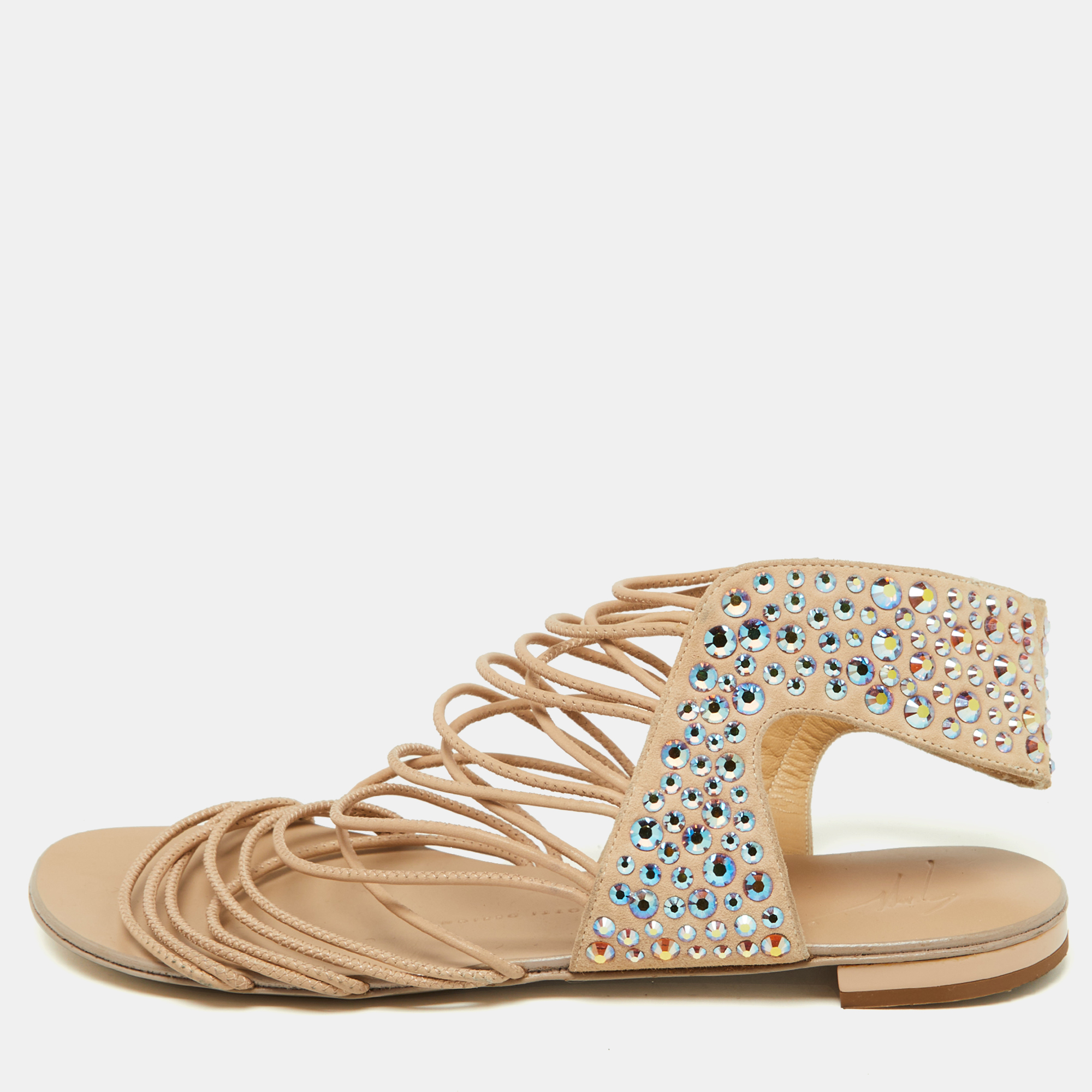 Giuseppe zanotti beige suede crystal embellished strappy flat sandals size 38.5