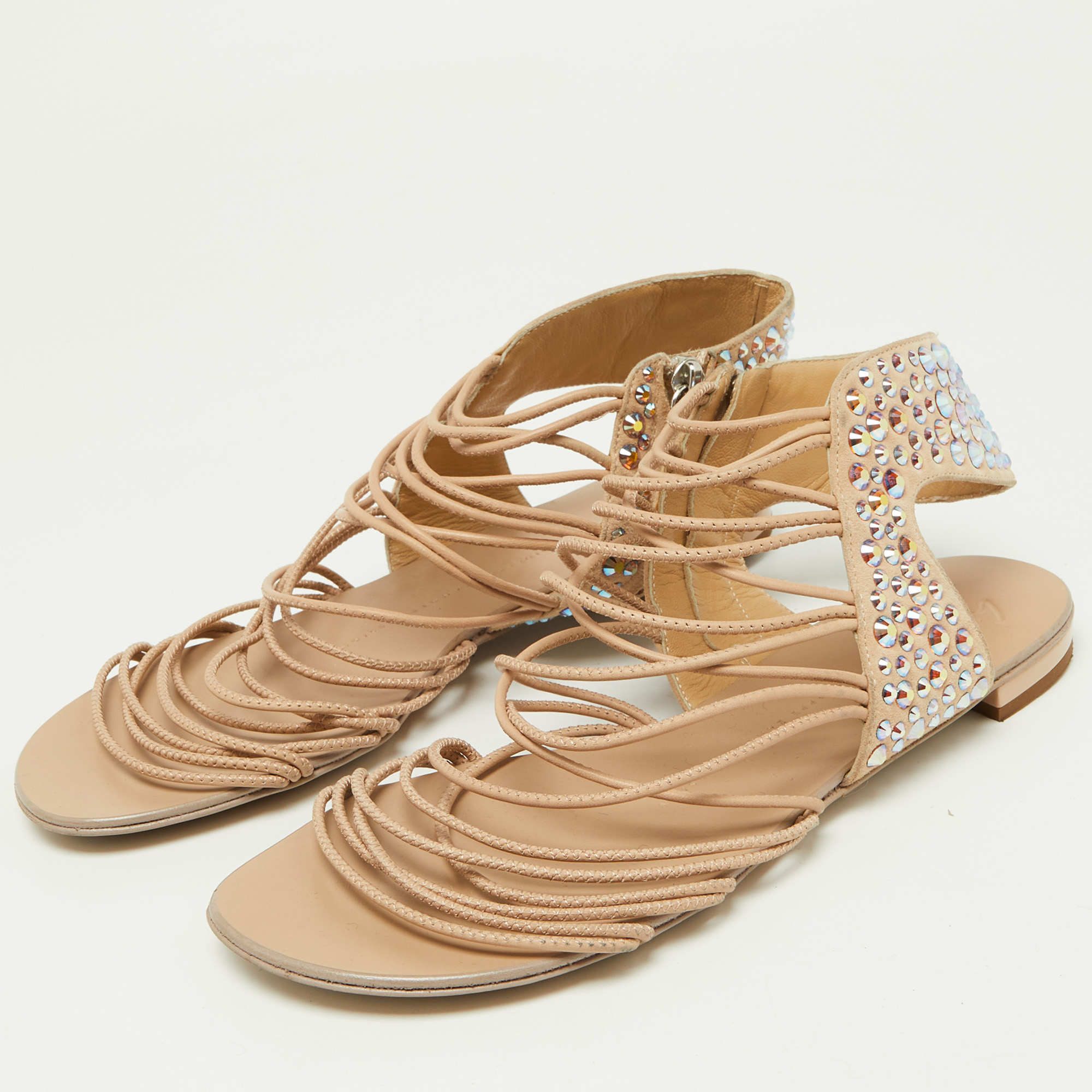 Giuseppe Zanotti Beige Suede Crystal Embellished Strappy Flat Sandals Size 38.5