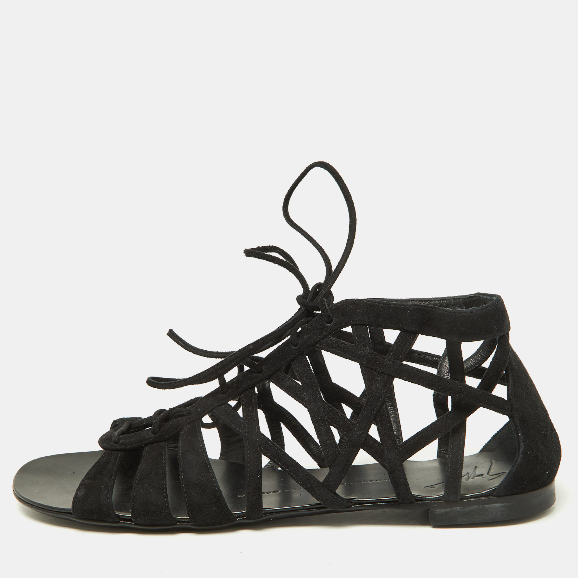 Giuseppe zanotti black suede strappy lace up flat sandals size 38