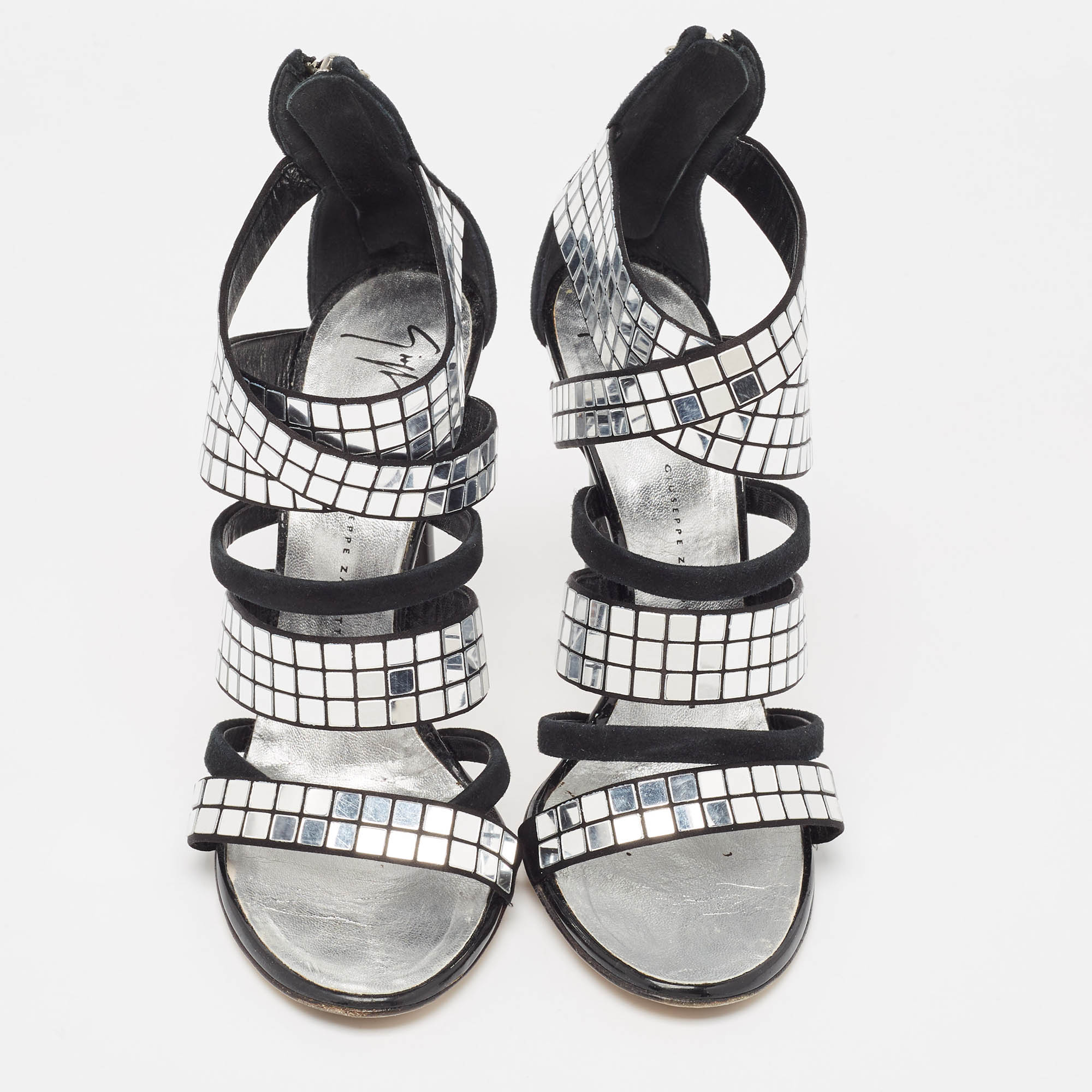 Giuseppe Zanotti Black/Silver Suede Mirror Strappy Sandals Size 39