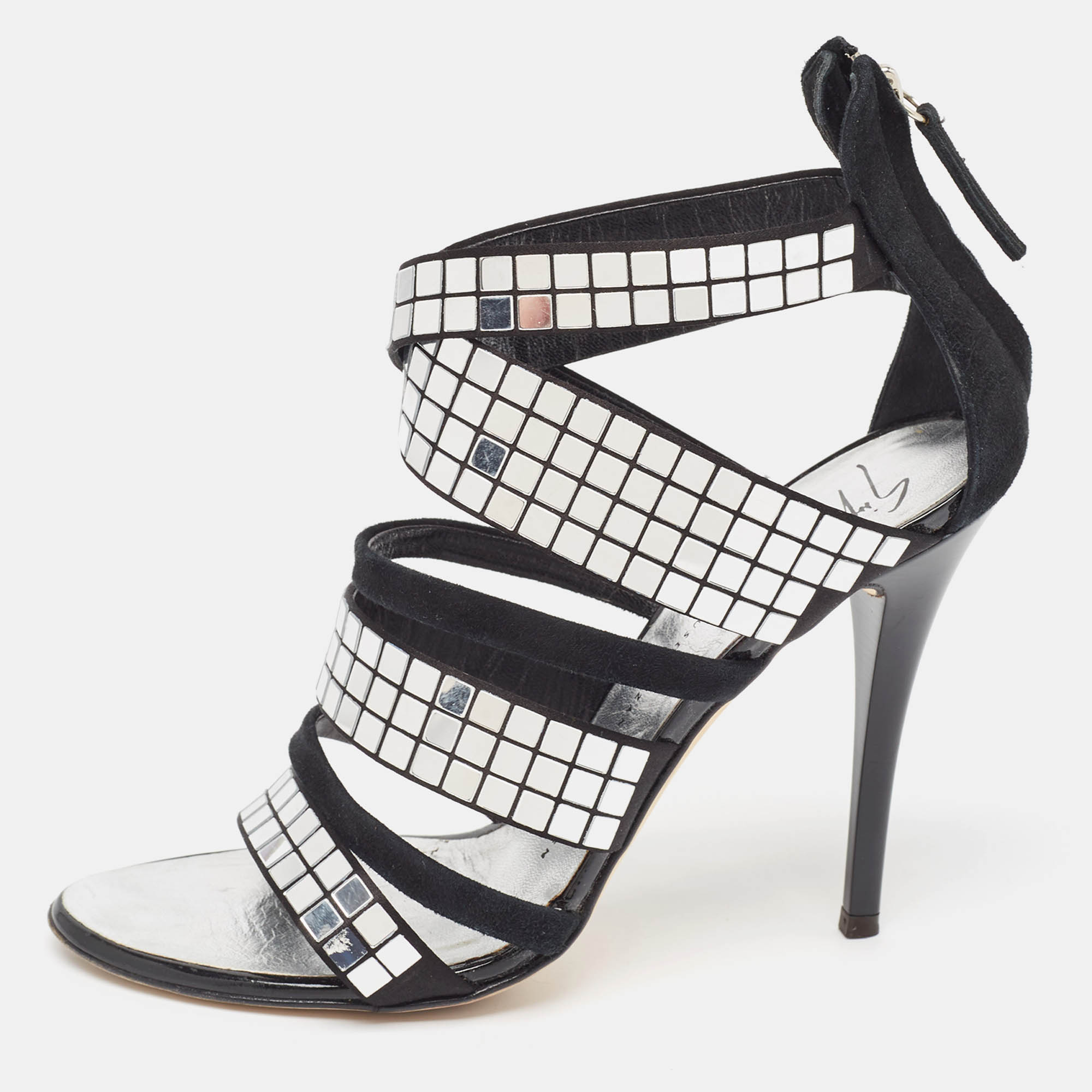 Giuseppe zanotti black/silver suede mirror strappy sandals size 39