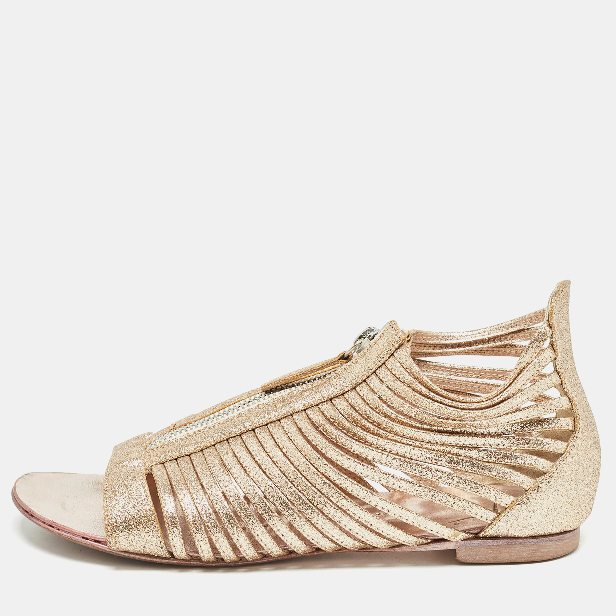 Giuseppe zanotti gold glitter zipped caged flat sandals size 36