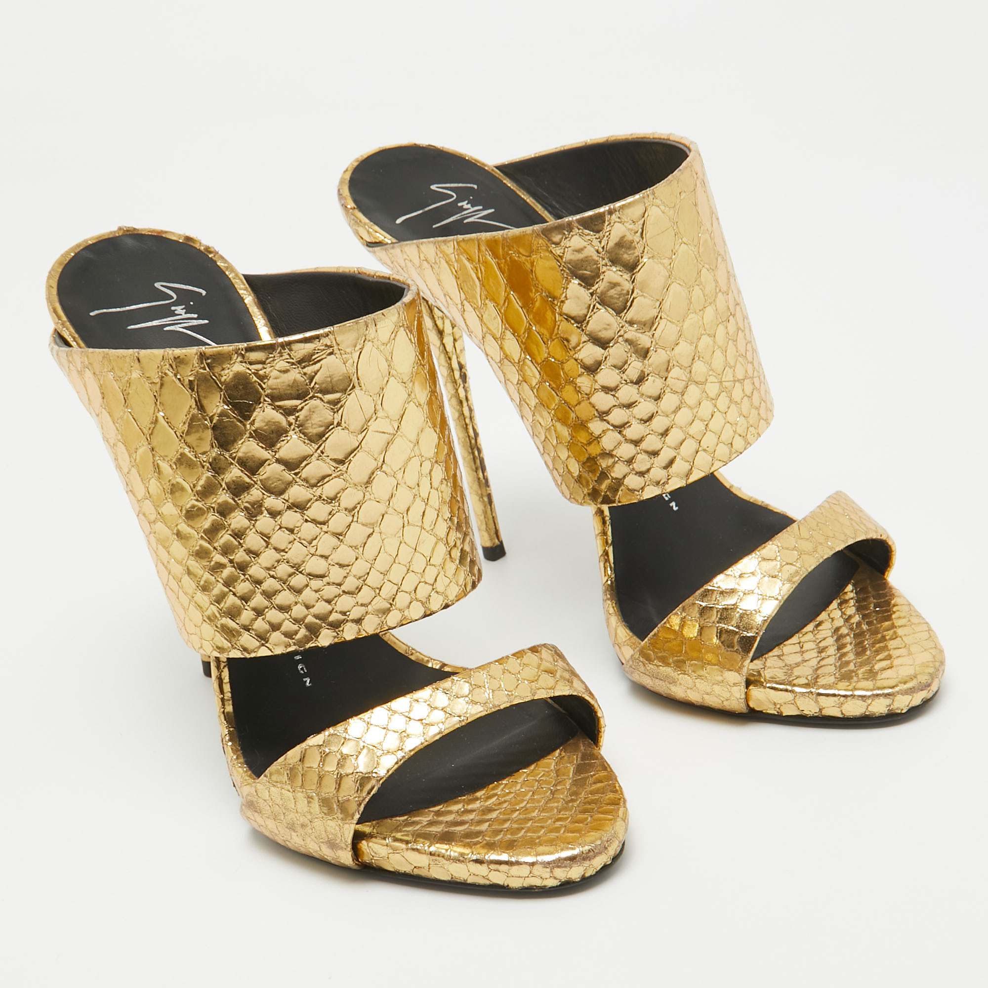 Giuseppe Zanotti Gold Embossed Python Andrea Slide Sandals Size 37