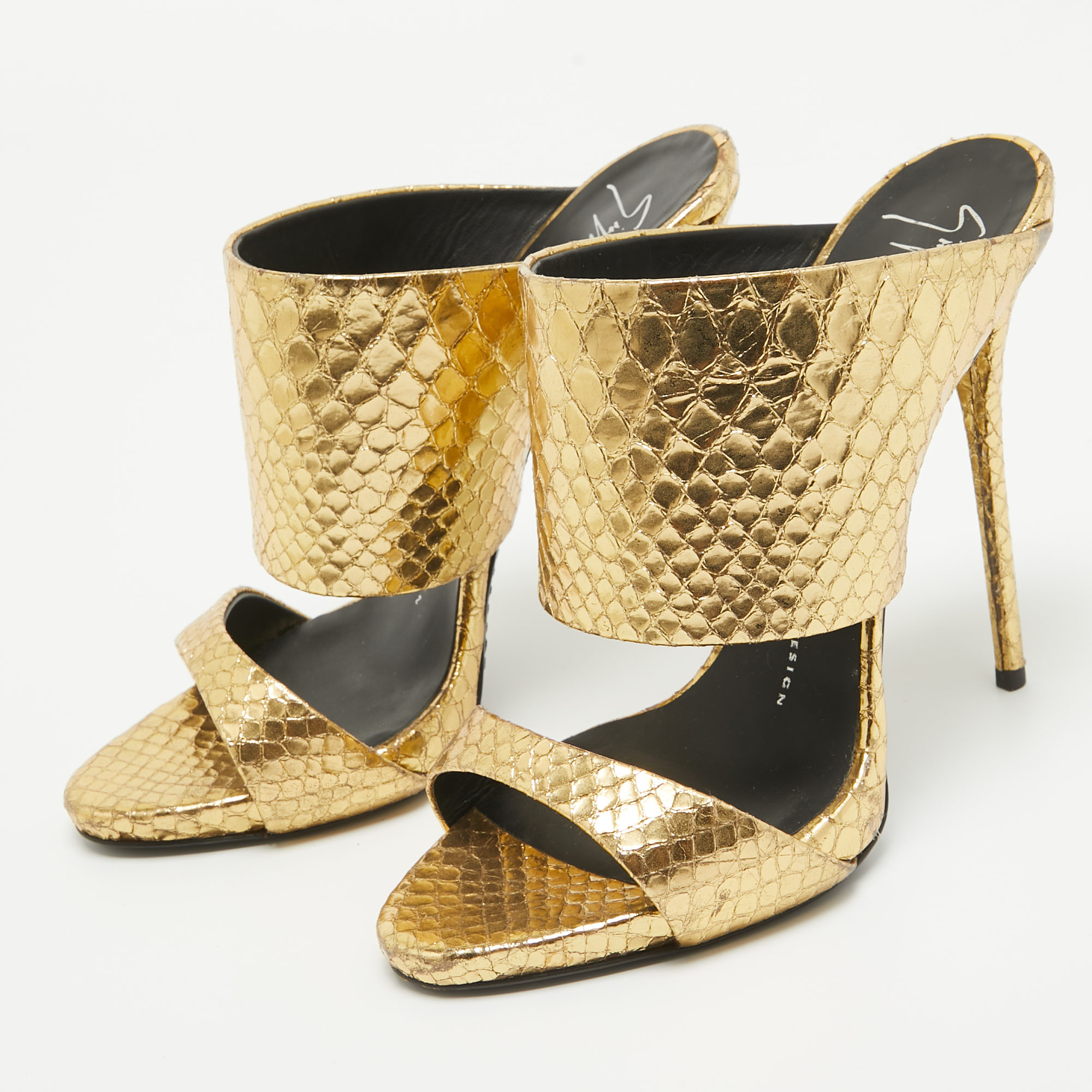 Giuseppe Zanotti Gold Embossed Python Andrea Slide Sandals Size 37