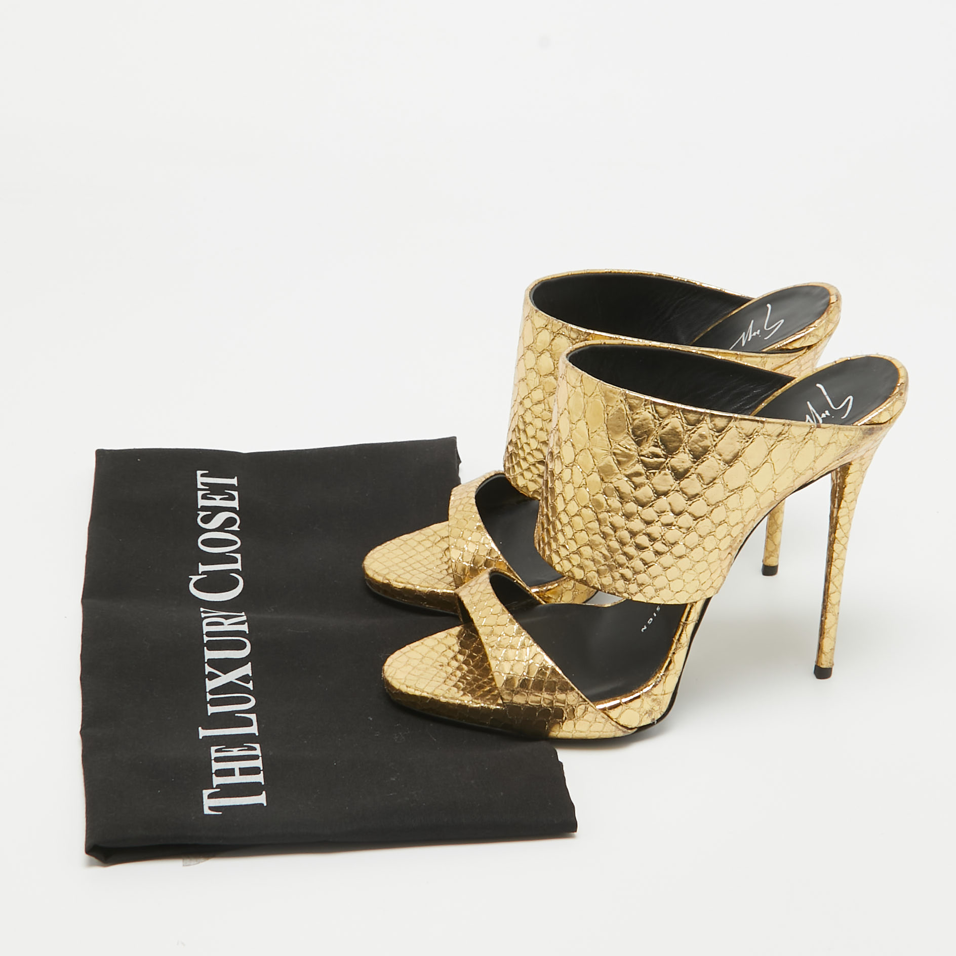 Giuseppe Zanotti Gold Embossed Python Andrea Slide Sandals Size 37