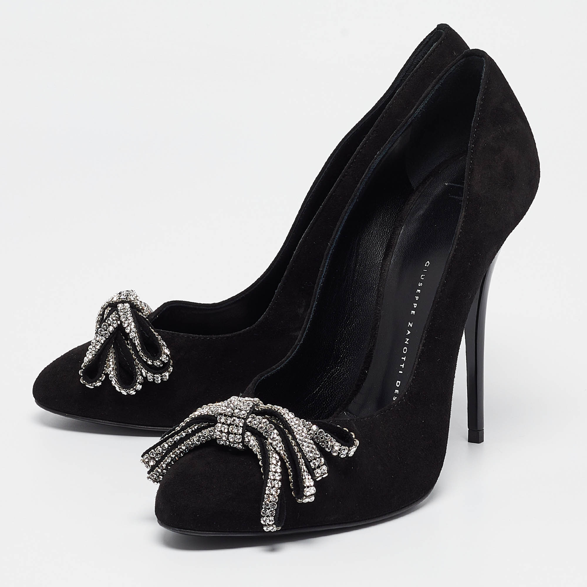 Giuseppe Zanotti Black Suede Crystal Embellished Bow Pumps Size 39