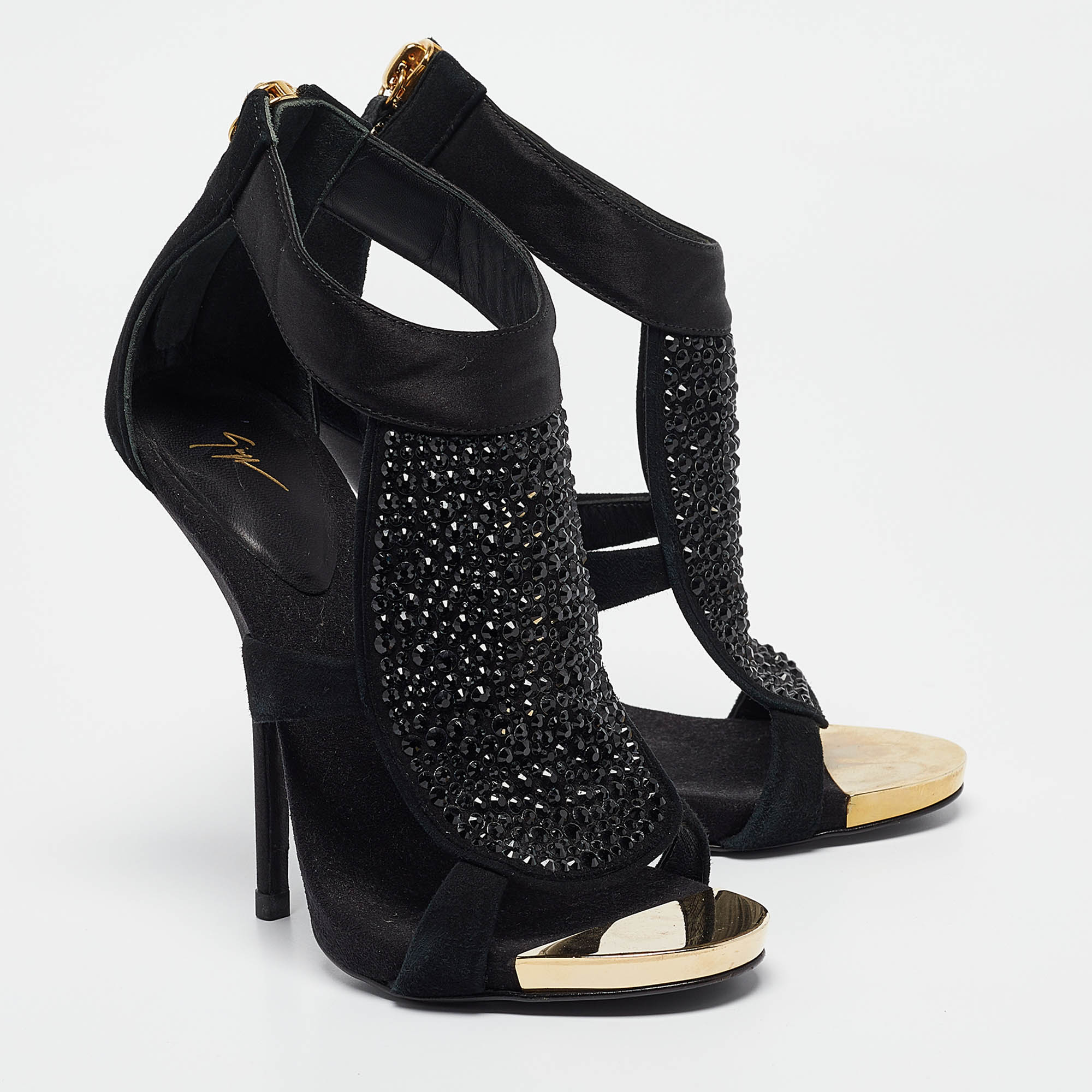 Giuseppe Zanotti Black Satin And Suede Crystal Embellished Ankle Strap Sandals Size 36.5