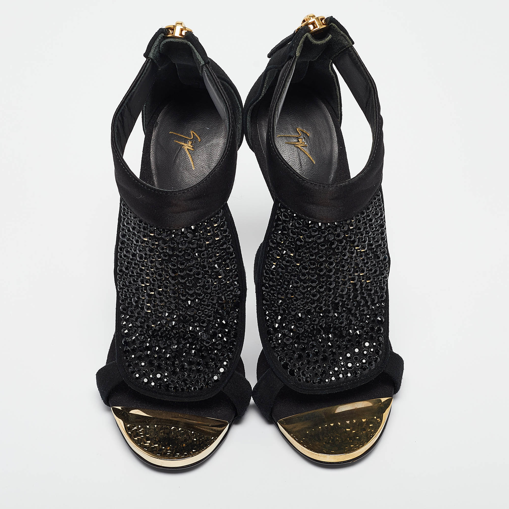 Giuseppe Zanotti Black Satin And Suede Crystal Embellished Ankle Strap Sandals Size 36.5