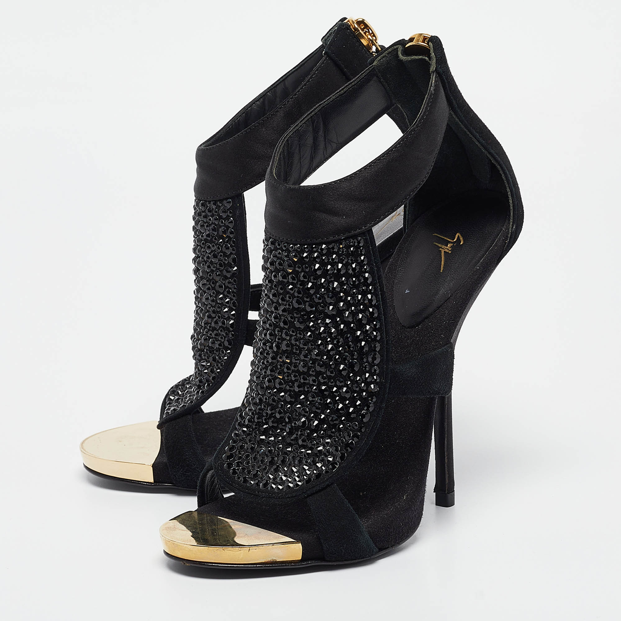 Giuseppe Zanotti Black Satin And Suede Crystal Embellished Ankle Strap Sandals Size 36.5