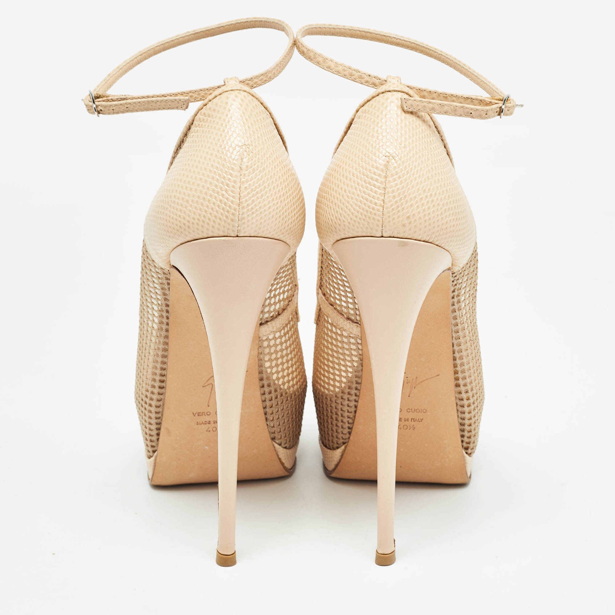 Giuseppe Zanotti Beige Mesh And Lizard Embossed Leather Peep Toe Pumps Size 40.5