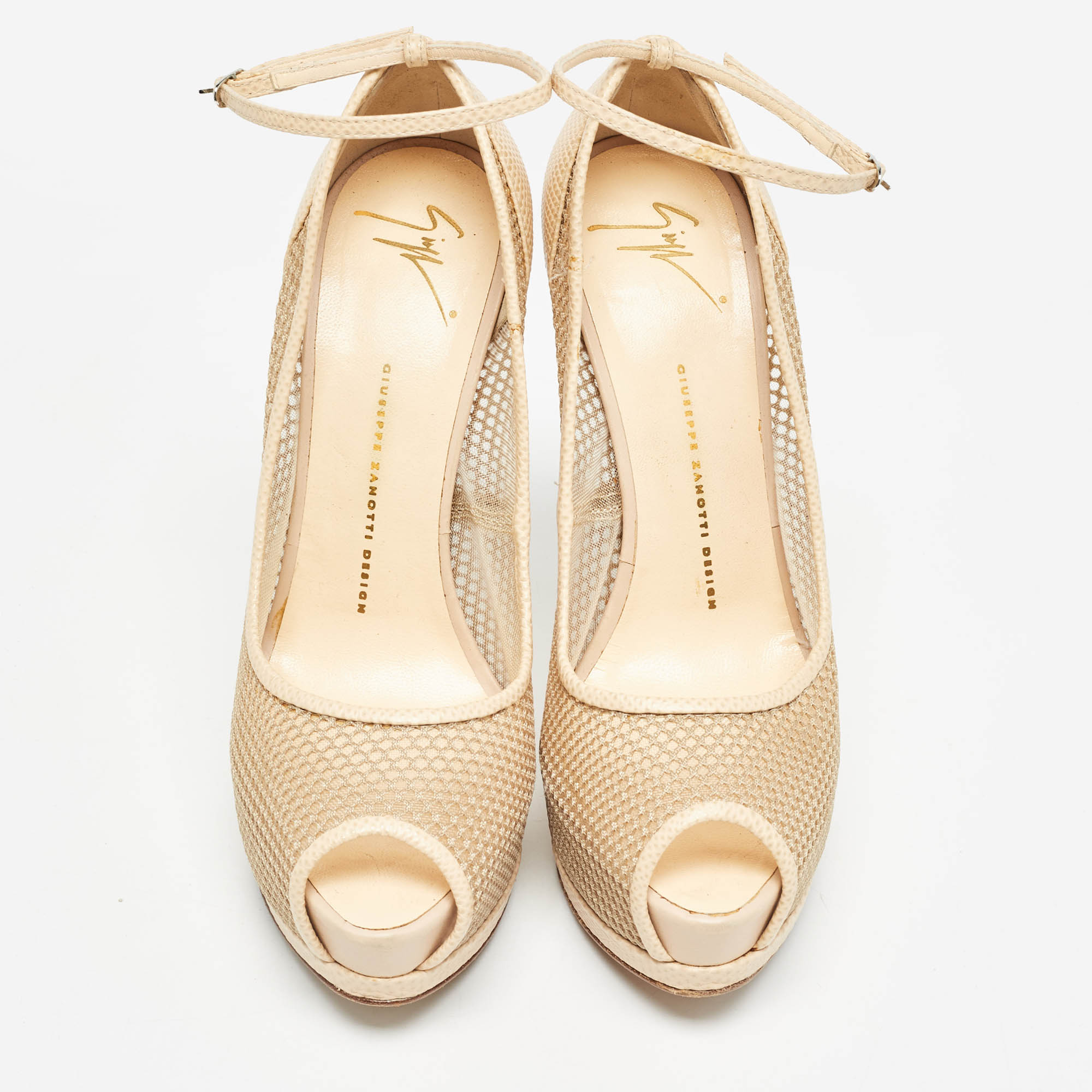 Giuseppe Zanotti Beige Mesh And Lizard Embossed Leather Peep Toe Pumps Size 40.5