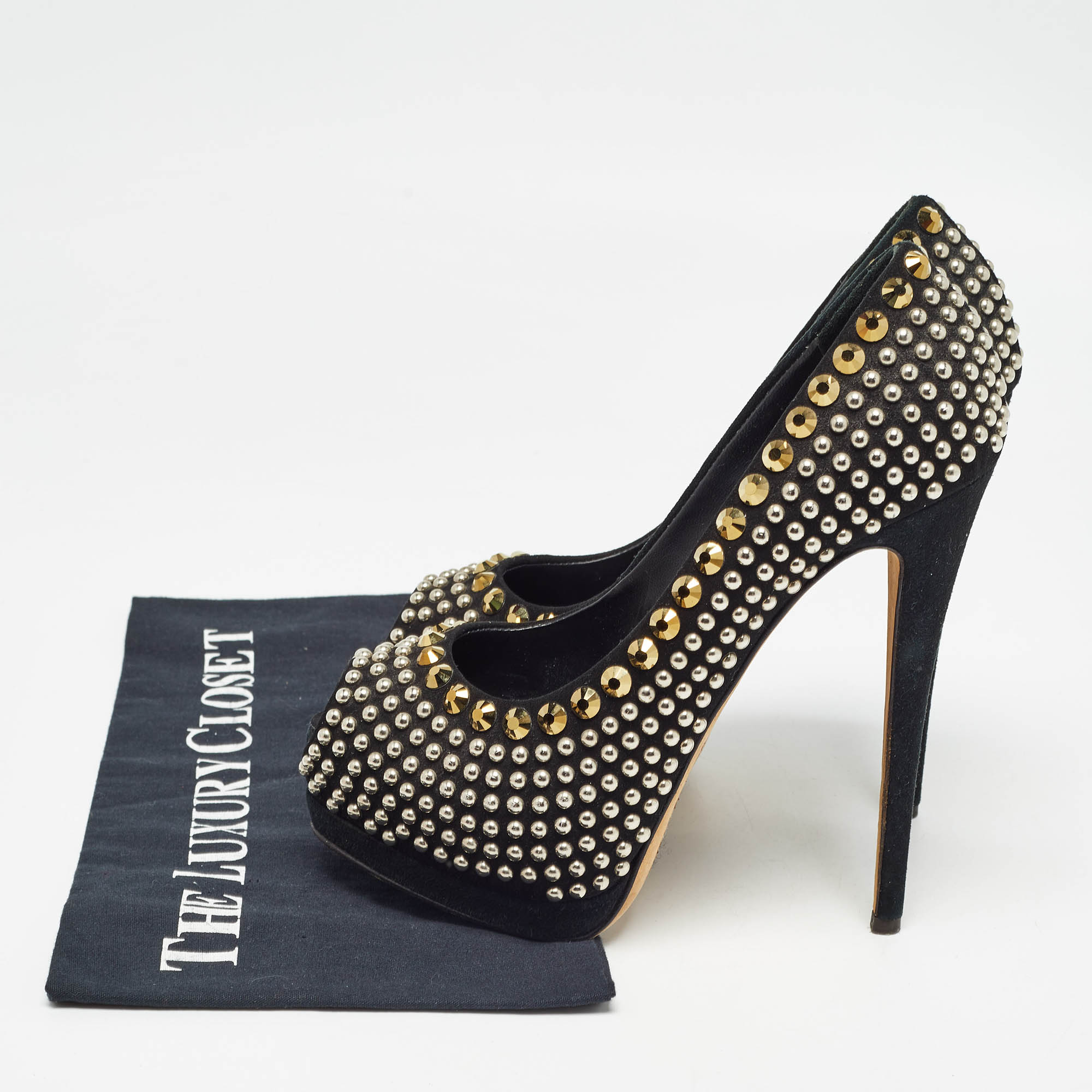 Giuseppe Zanotti Black Suede Studded Peep Toe Platform Pumps Size 37