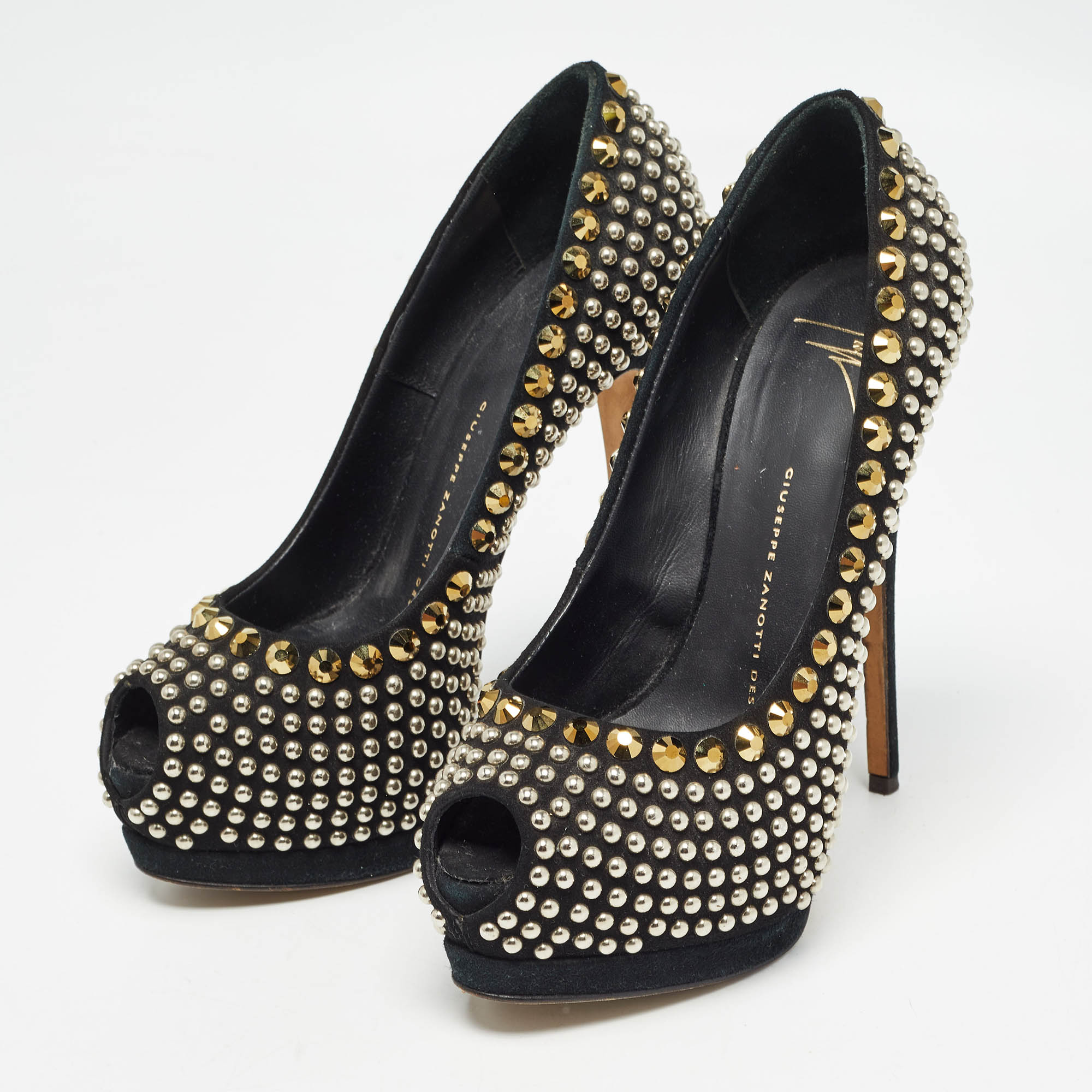 Giuseppe Zanotti Black Suede Studded Peep Toe Platform Pumps Size 37