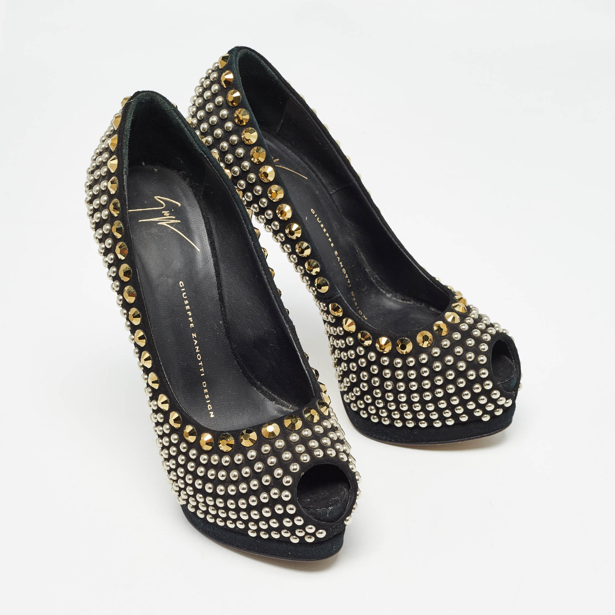 Giuseppe Zanotti Black Suede Studded Peep Toe Platform Pumps Size 37