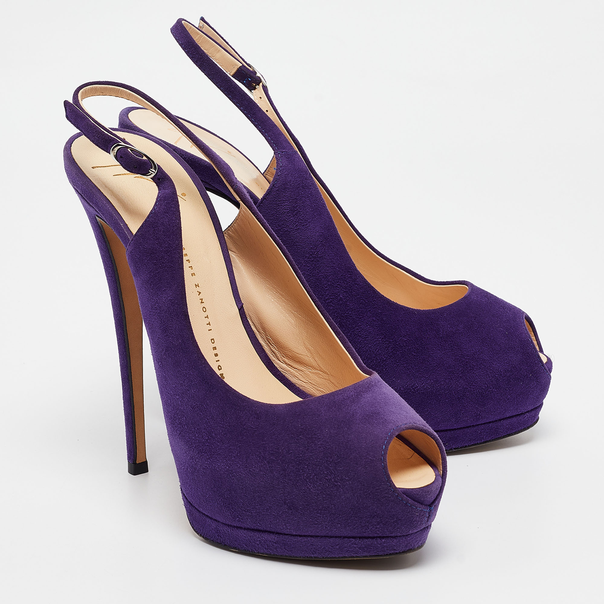 Giuseppe Zanotti Purple Suede Peep Toe Slingback Pumps Size 40