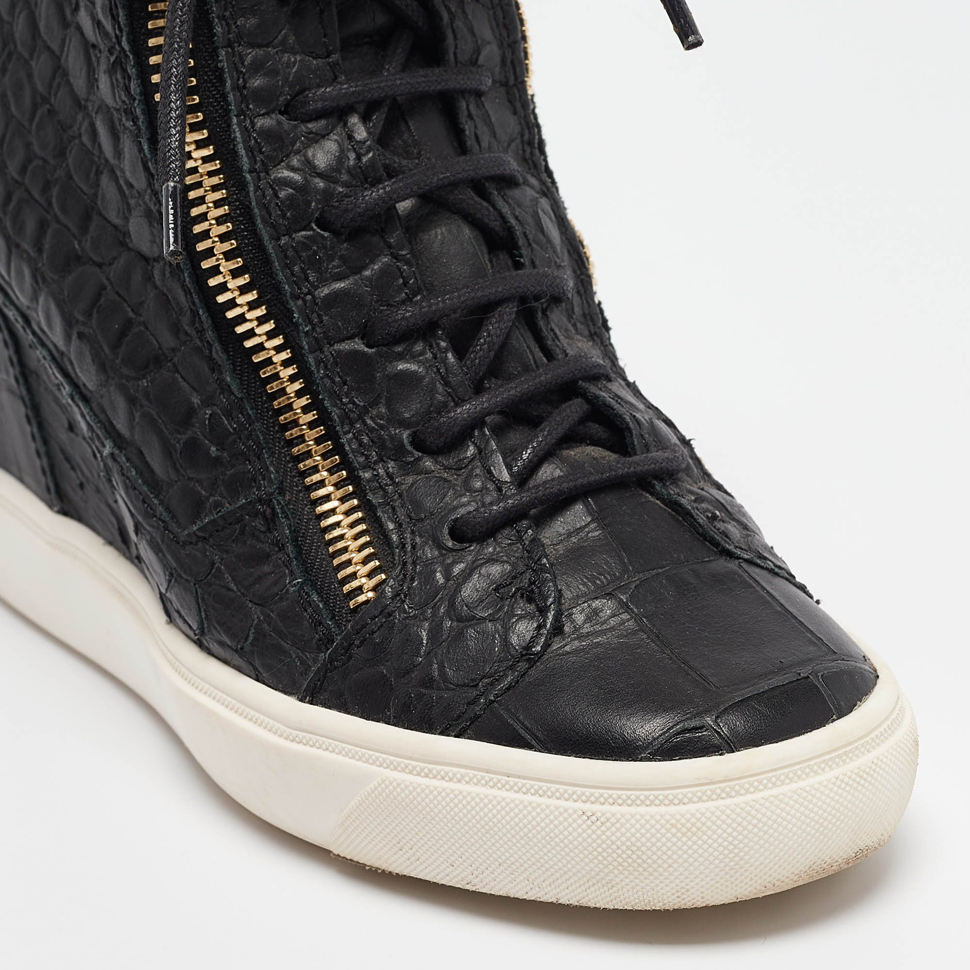 Giuseppe Zanotti Black Croc Embossed Leather Double Zipper High Top Sneakers Size 37