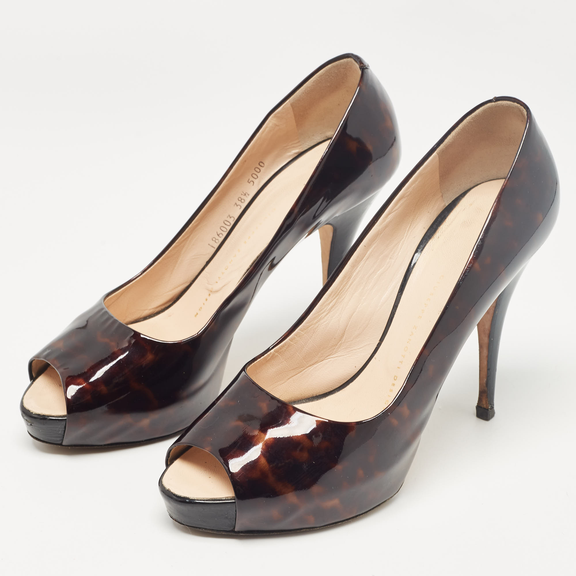 Giuseppe Zanotti Brown/Black Printed Patent Leather Peep Toe Pumps Size 38.5