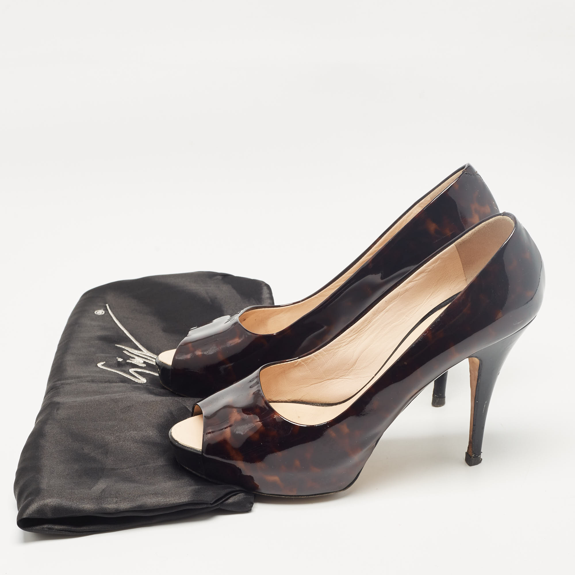 Giuseppe Zanotti Brown/Black Printed Patent Leather Peep Toe Pumps Size 38.5