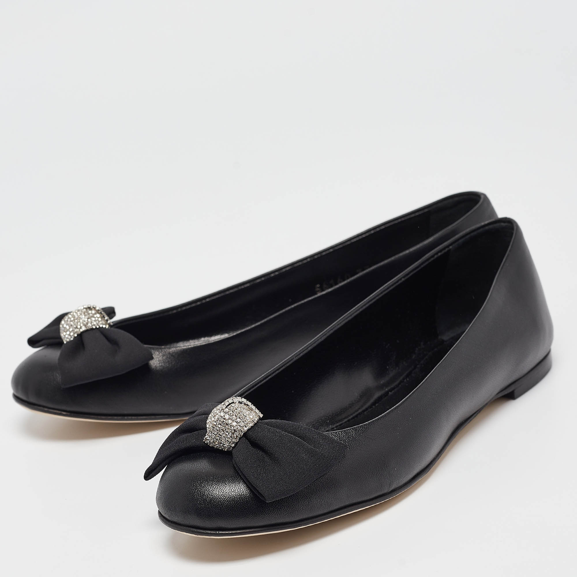 Giuseppe Zanotti Black Leather Crystal Bow Ballet Flats Size 37.5