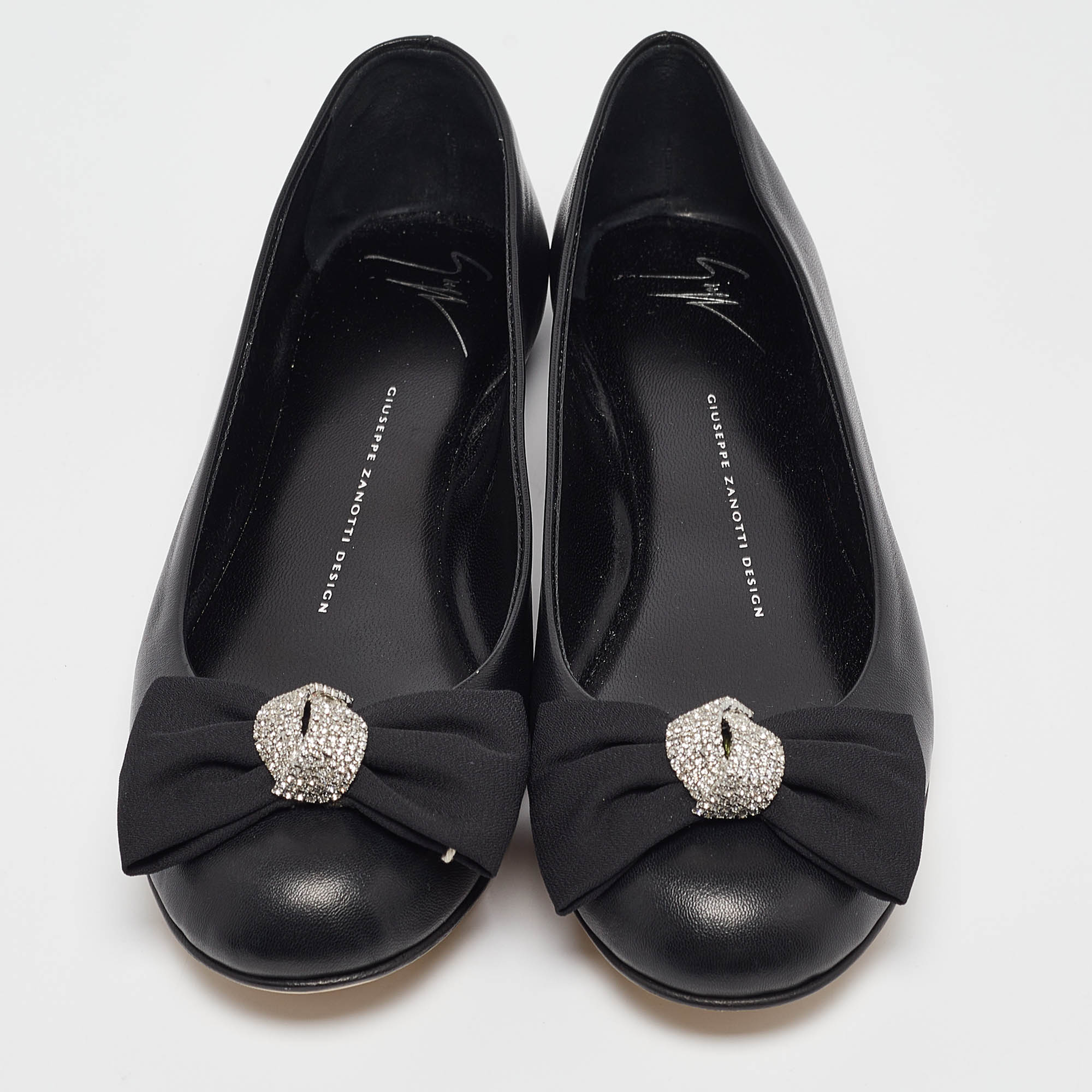 Giuseppe Zanotti Black Leather Crystal Bow Ballet Flats Size 37.5