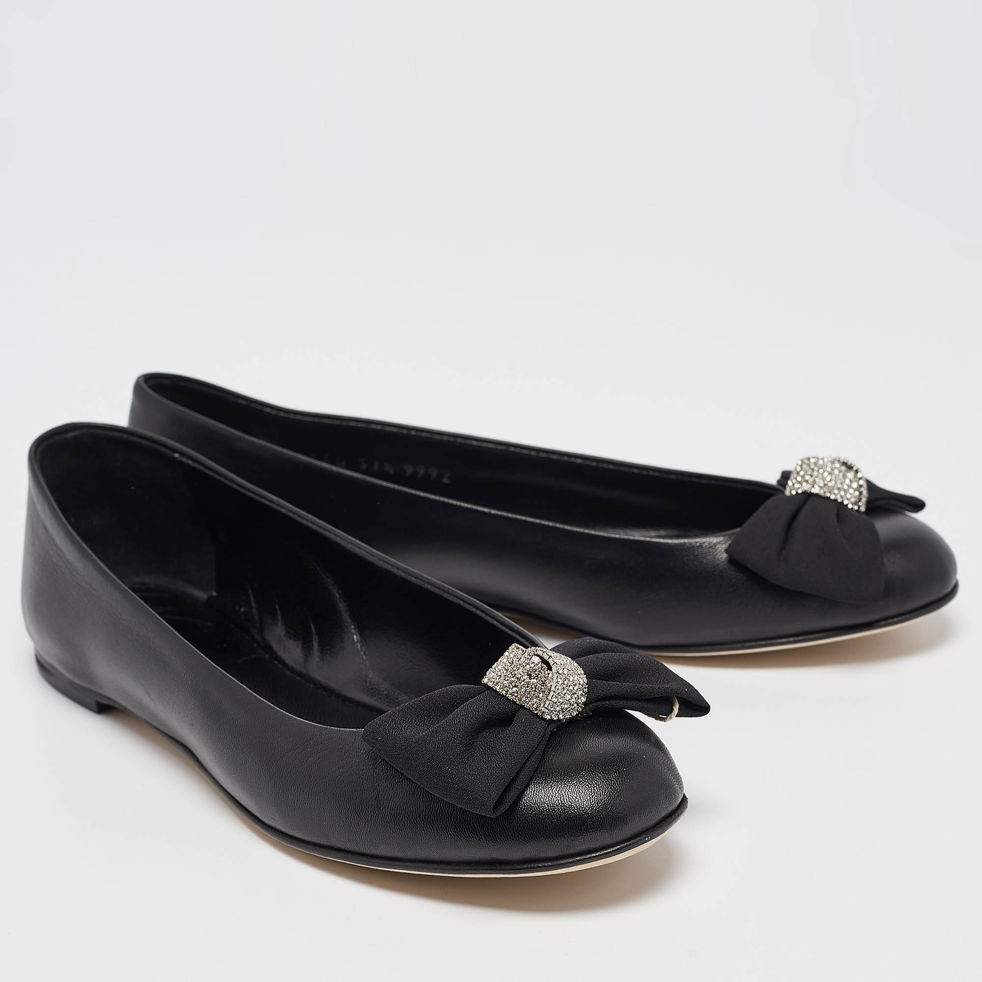 Giuseppe Zanotti Black Leather Crystal Bow Ballet Flats Size 37.5