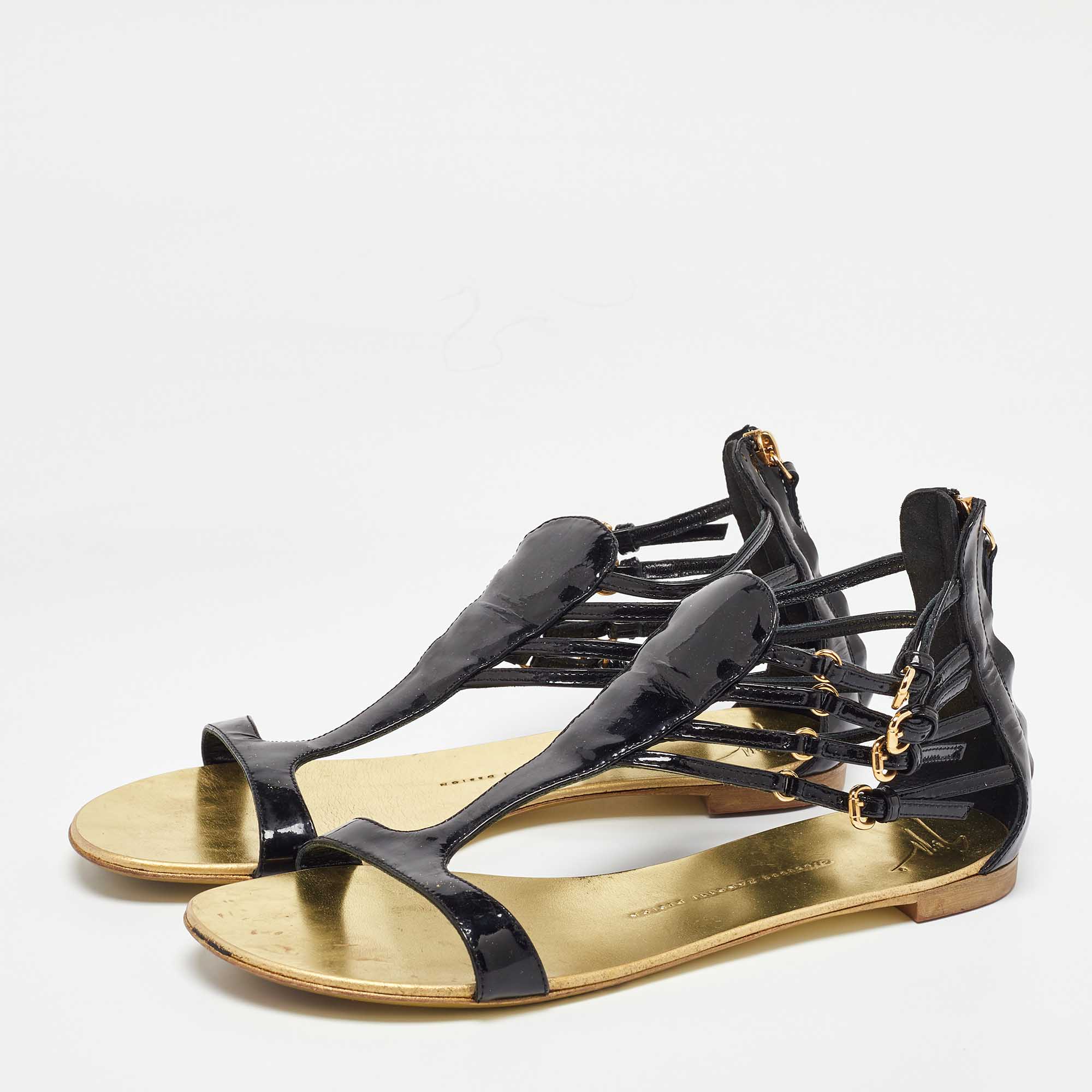 Giuseppe Zanotti Black Patent Leather Ankle Strap Flat Sandals Size 40