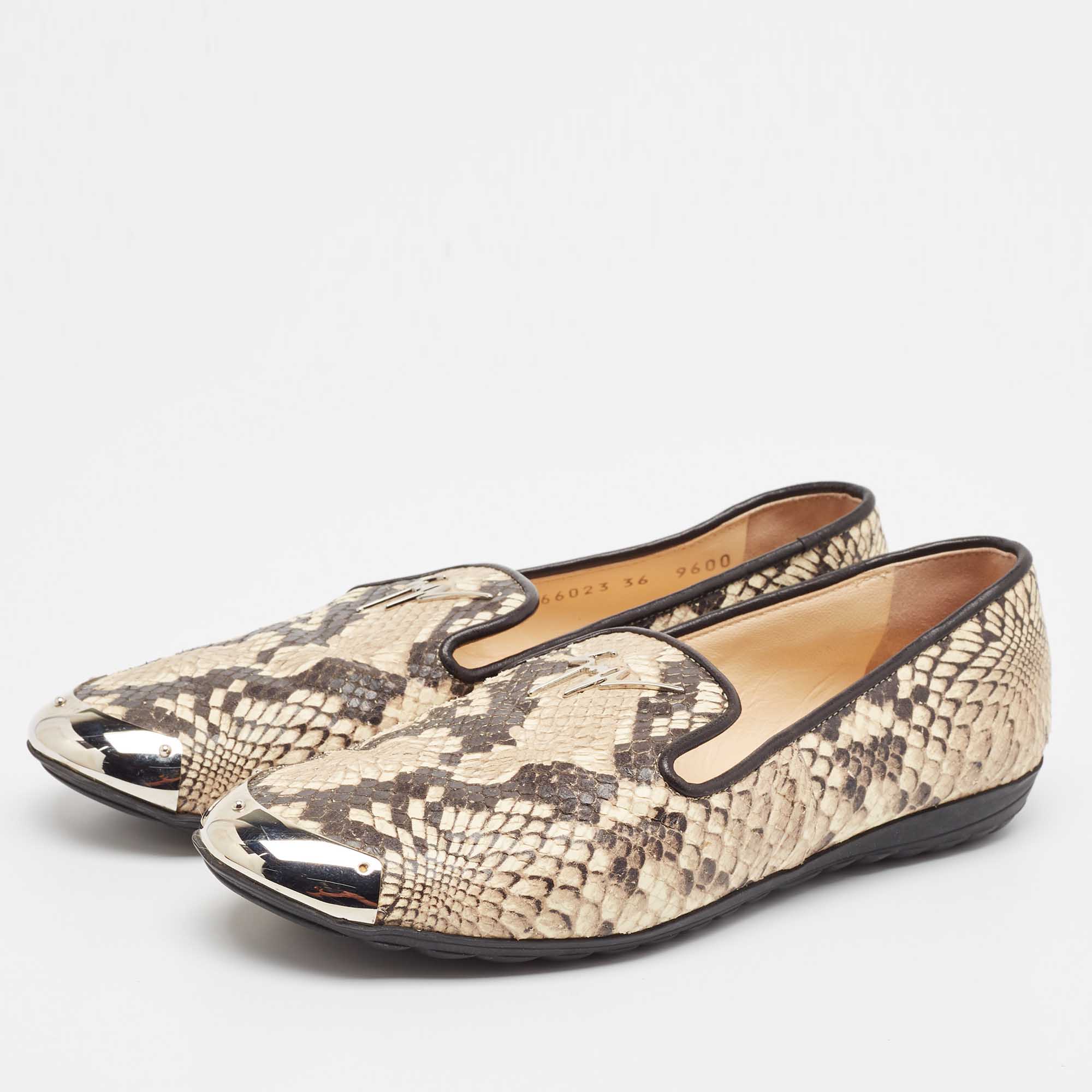 Giuseppe Zanotti Black/Beige Embossed Python Slip On Loafers Size 36