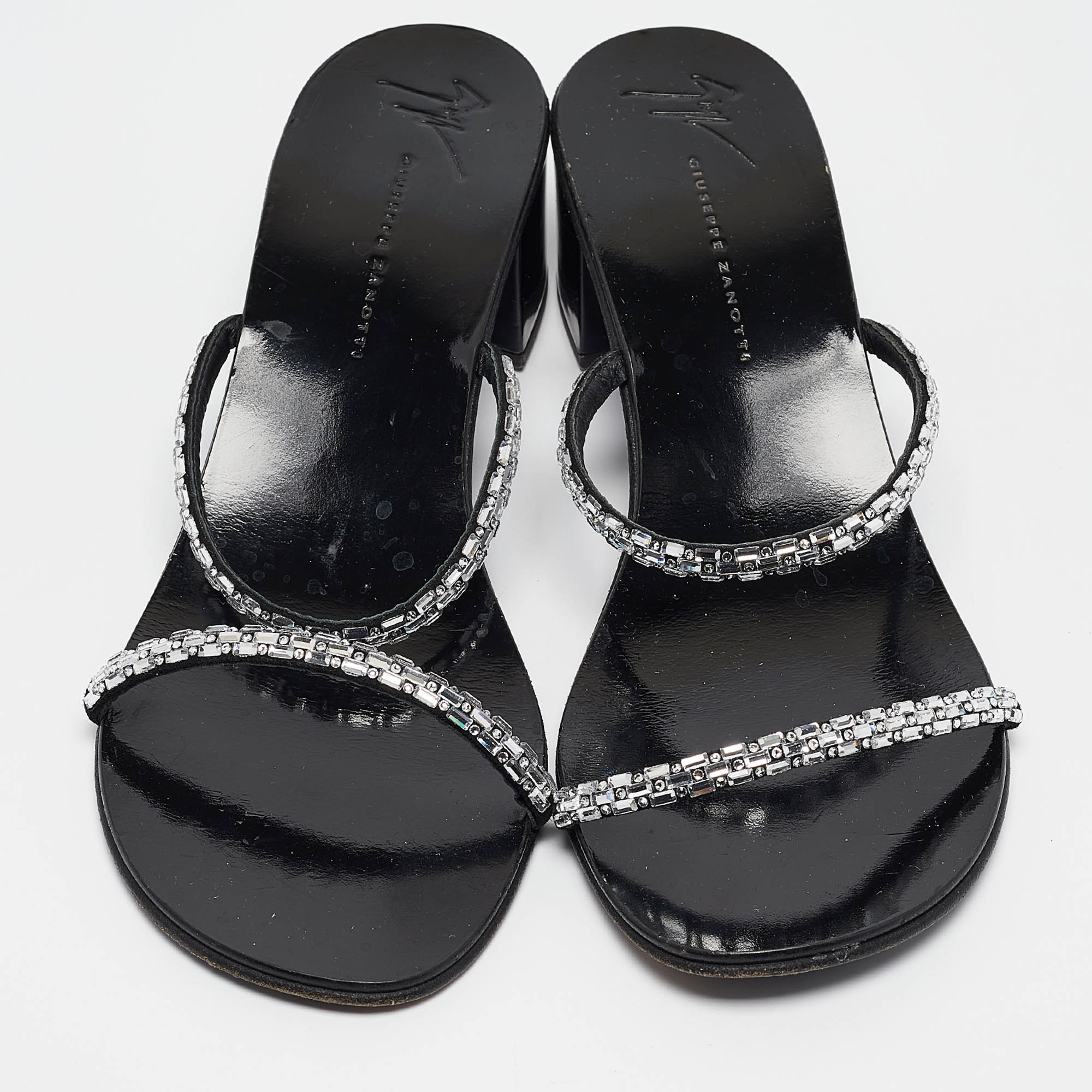 Giuseppe Zanotti Black Crystal Embellished Suede Slide Sandals Size 38.5