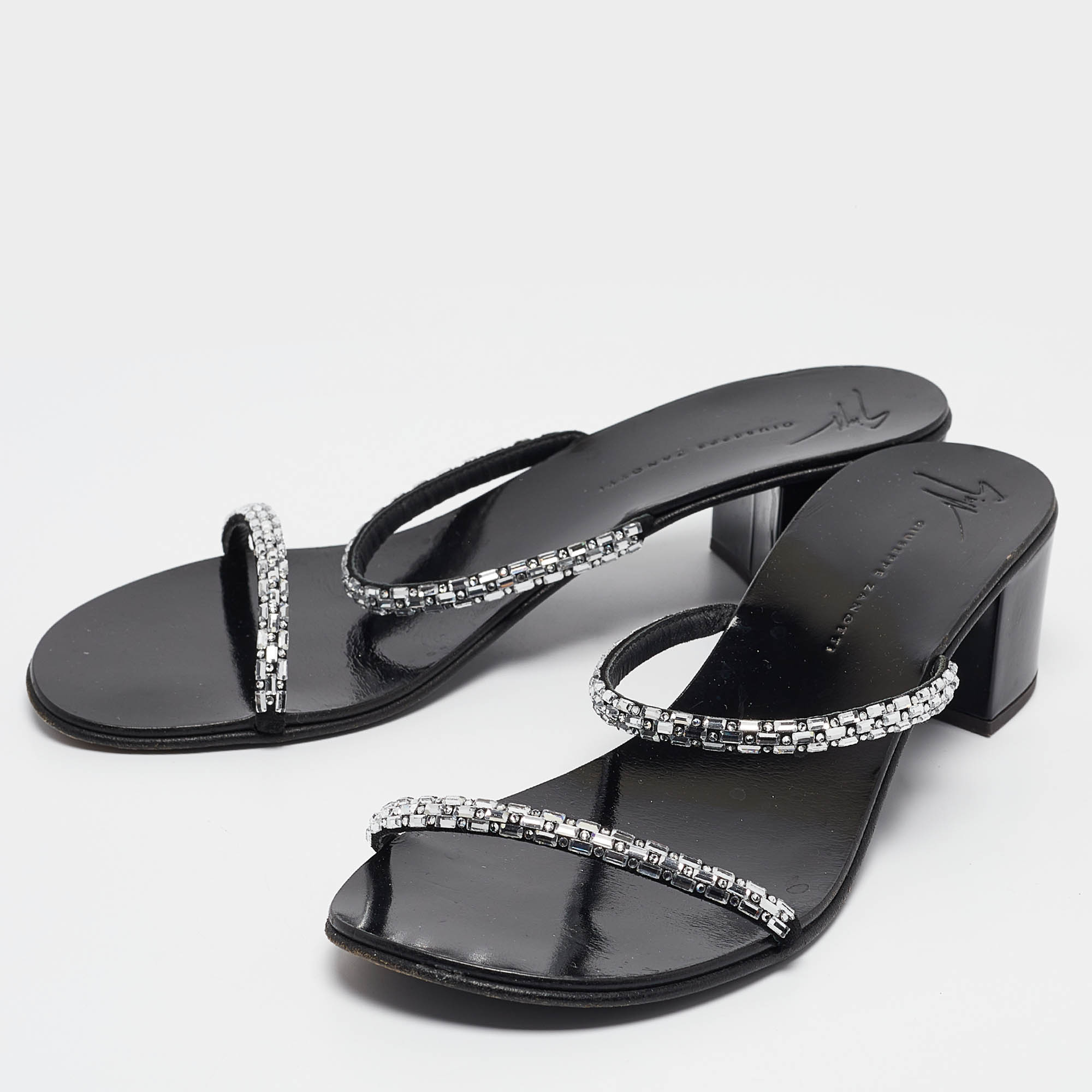 Giuseppe Zanotti Black Crystal Embellished Suede Slide Sandals Size 38.5