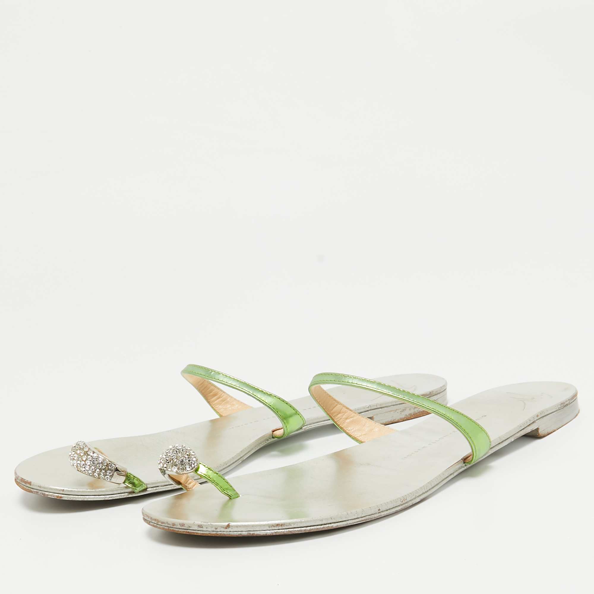 Giuseppe Zanotti Green Leather Crystal Embellished Toe Ring Flat Slides Size 41