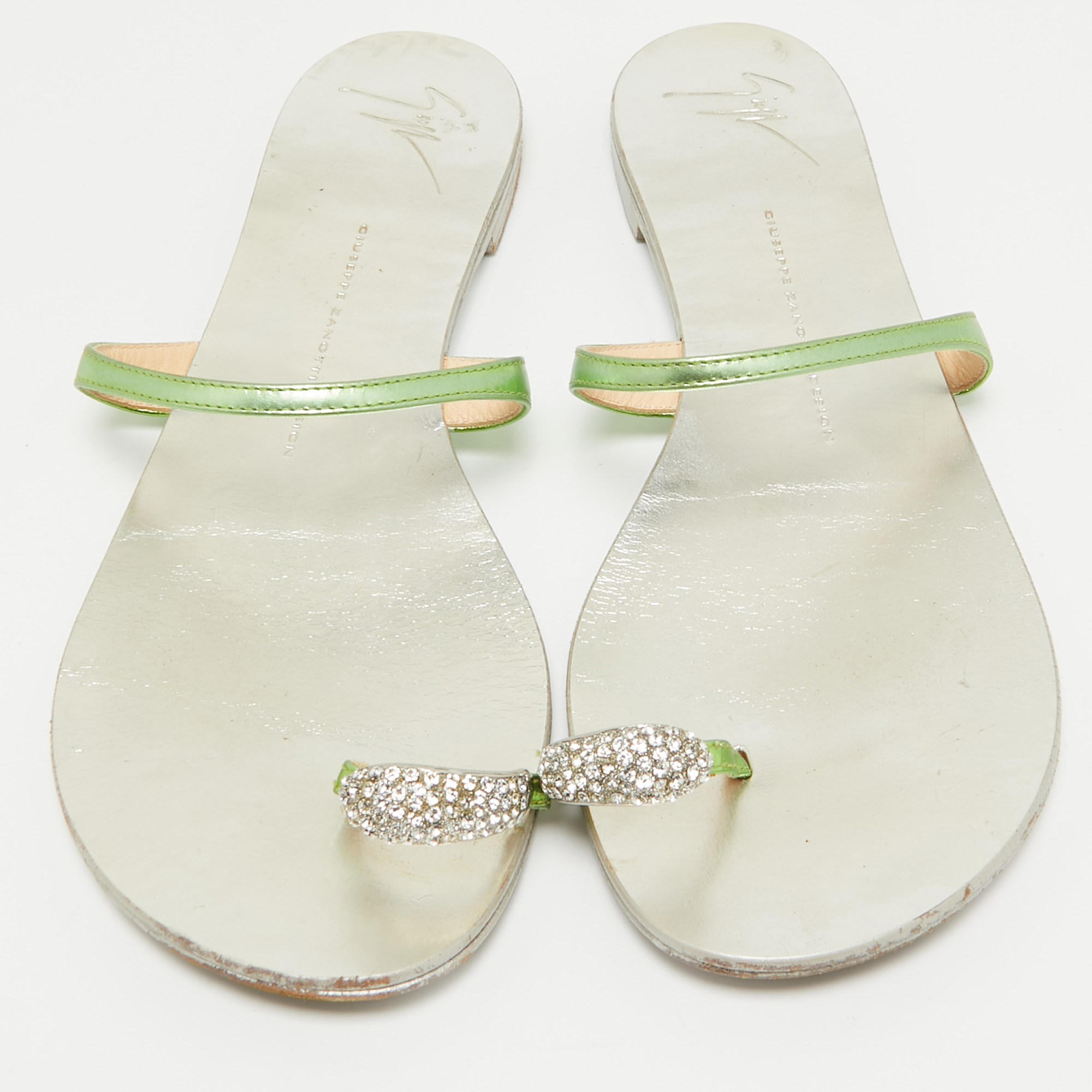 Giuseppe Zanotti Green Leather Crystal Embellished Toe Ring Flat Slides Size 41