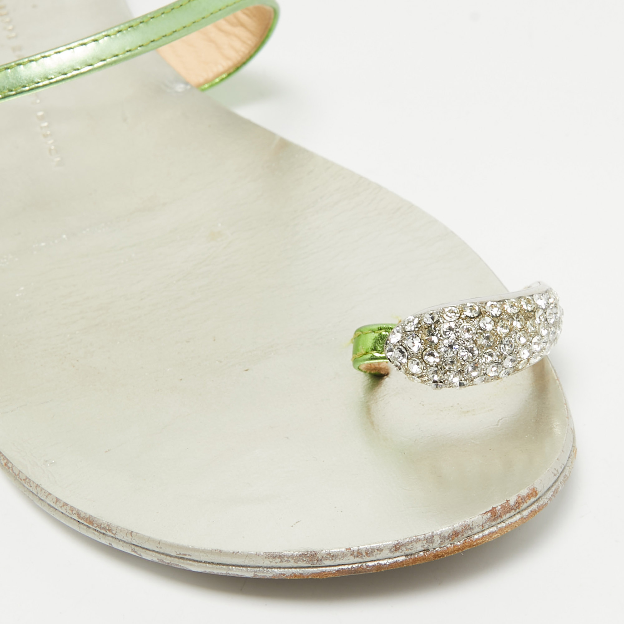 Giuseppe Zanotti Green Leather Crystal Embellished Toe Ring Flat Slides Size 41