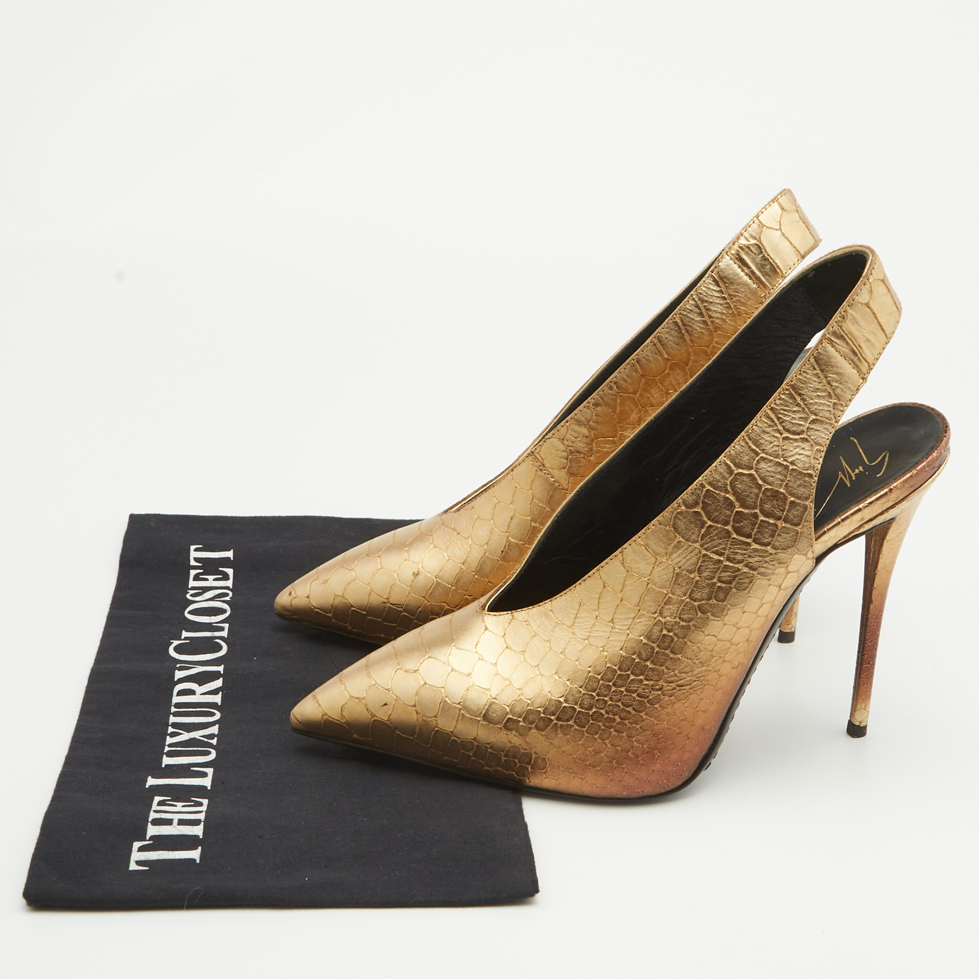 Giuseppe Zanotti Metallic Golden Python Embossed Leather Slingback Pumps Size 38