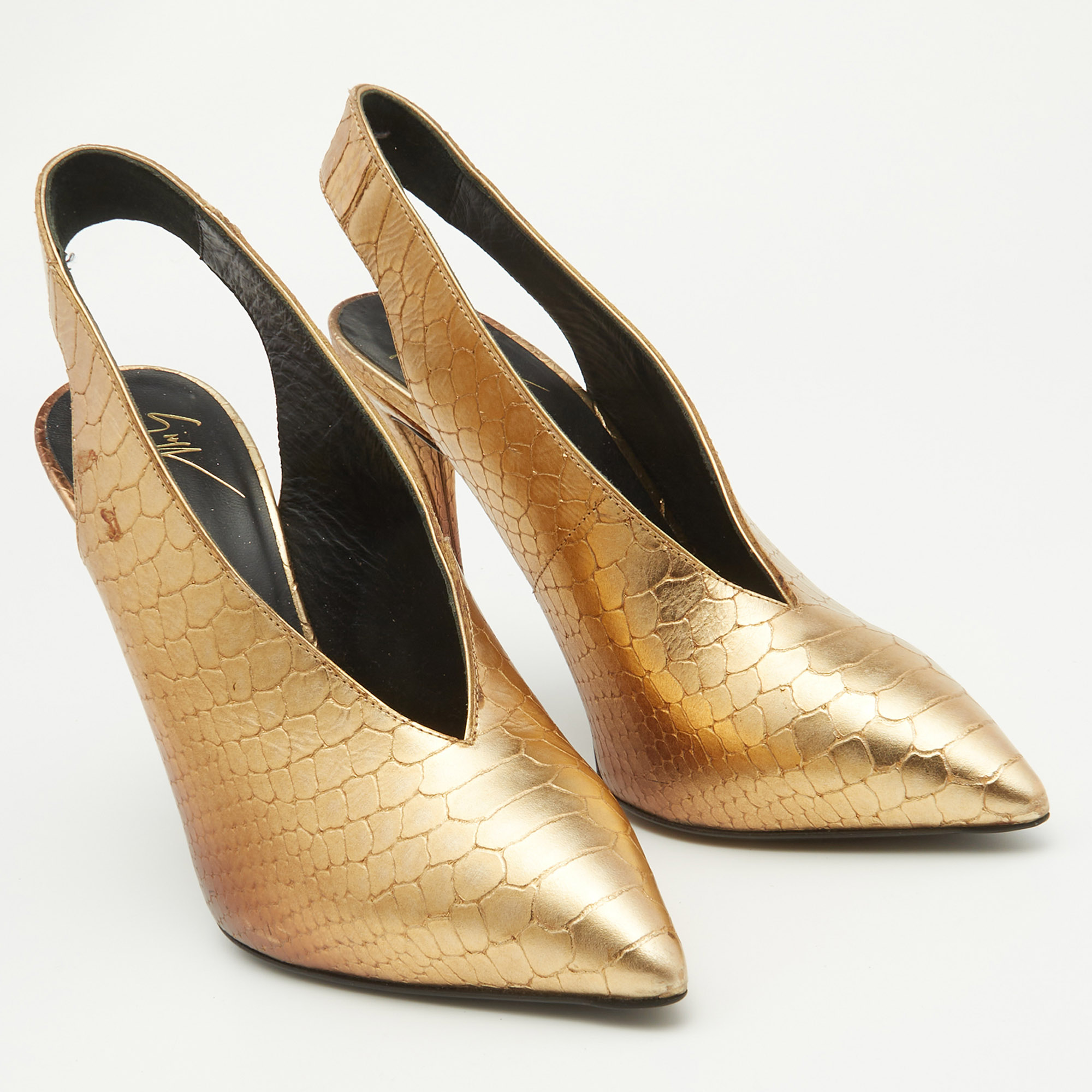 Giuseppe Zanotti Metallic Golden Python Embossed Leather Slingback Pumps Size 38