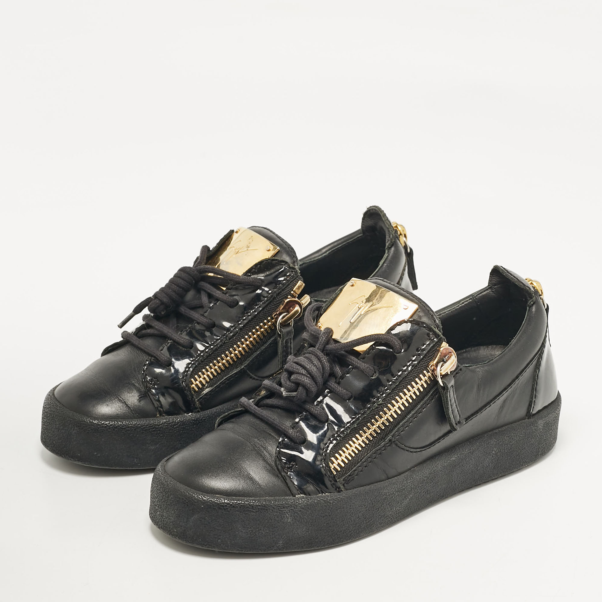 Giuseppe Zanotti Black Leather And Patent Leather Frankie Lace Up Sneakers Size 36