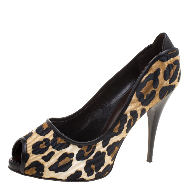 Giuseppe zanotti leopard print canvas peep toe pumps size 38.5