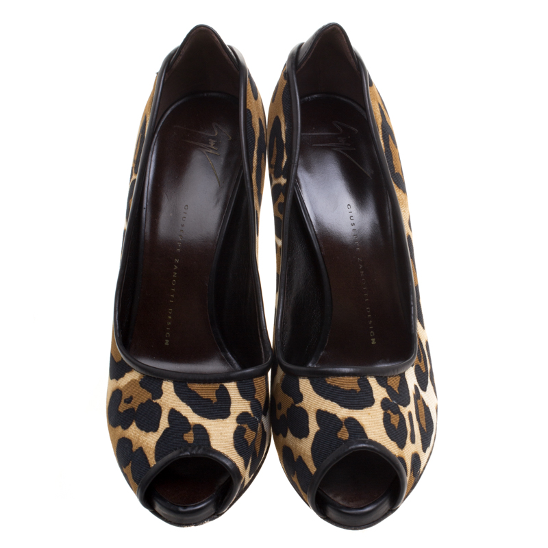 Giuseppe Zanotti Leopard Print Canvas Peep Toe Pumps Size 38.5