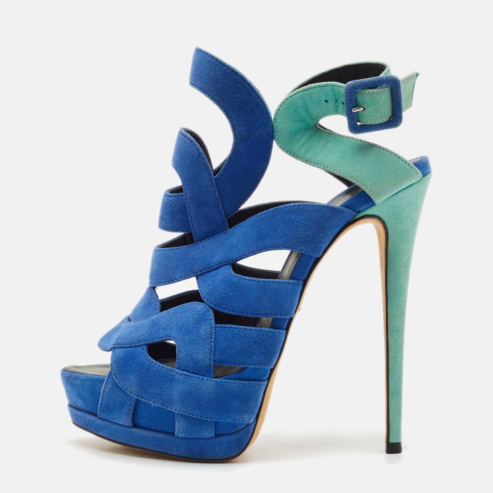 Giuseppe Zanotti Blue/Green Suede Cutout Caged Strappy Platform Sandals Size
Giuseppe Zanotti Blue/Green Suede Cutout Caged Strappy Platform Sandals Size