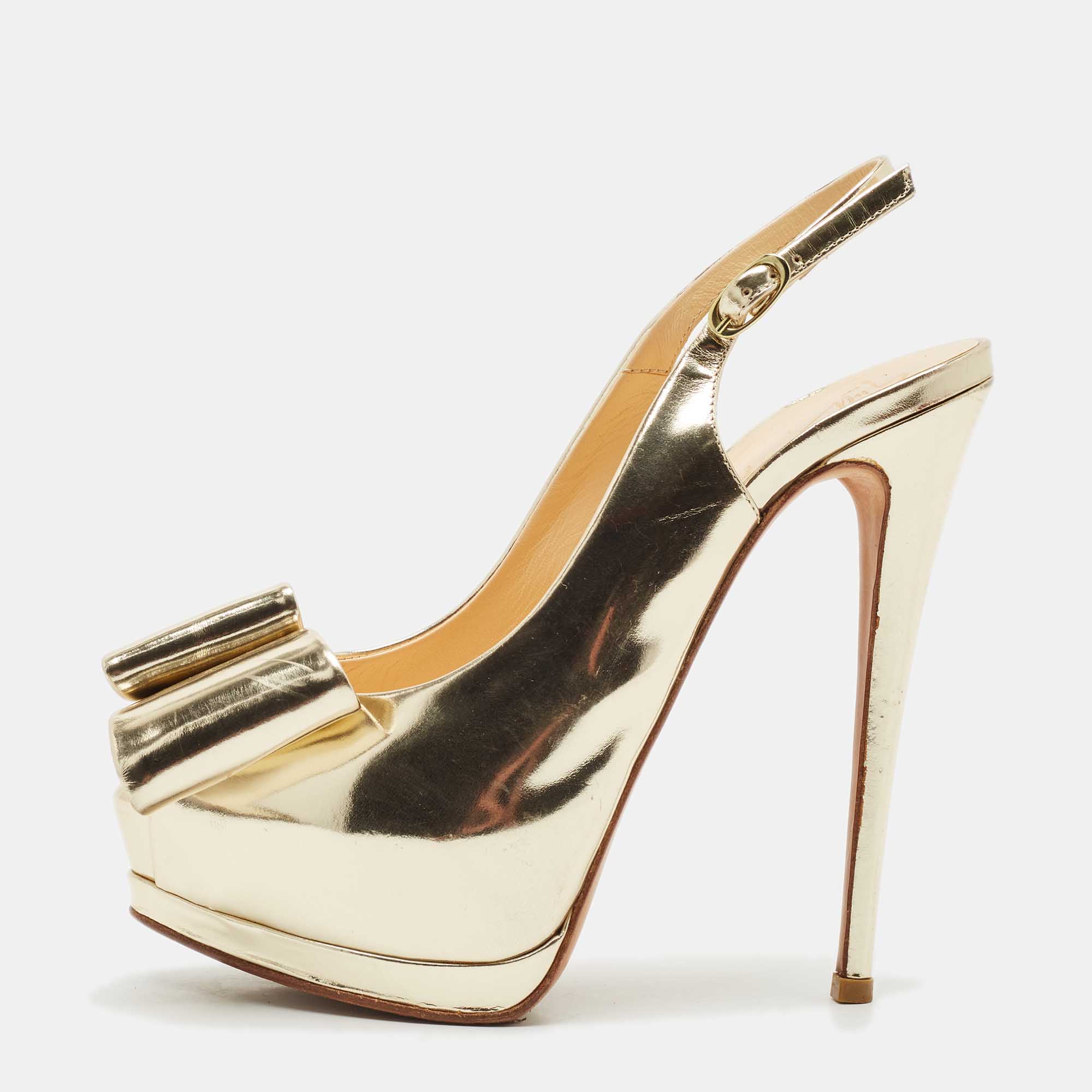 Giuseppe Zanotti Metallic Gold Leather Bow Platform Slingback Pumps Size
Giuseppe Zanotti Metallic Gold Leather Bow Platform Slingback Pumps Size