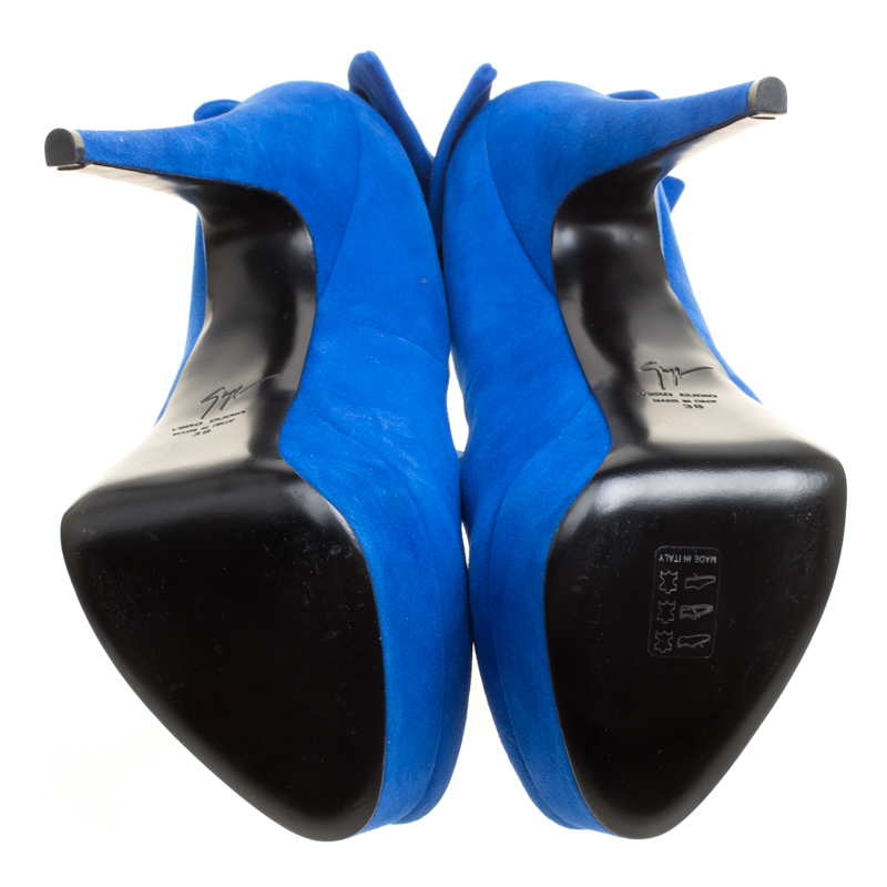 Giuseppe Zanotti Blue Suede Debra Bow Platform Pumps Size 38