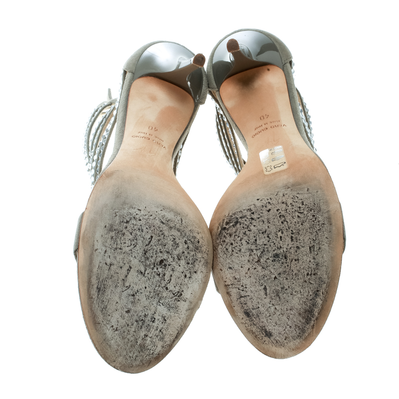 Giuseppe Zanotti Grey Suede Crystal Embellished Ankle Strap Open Toe Sandals Size 40