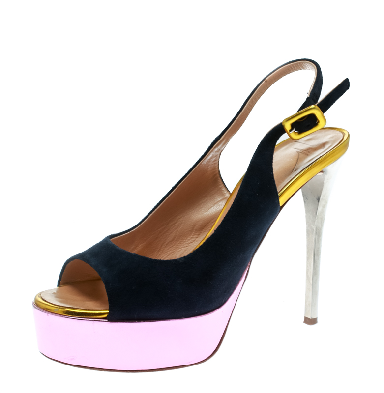 Giuseppe zanotti multicolor suede and leather peep toe platform slingback sandals size 36.5