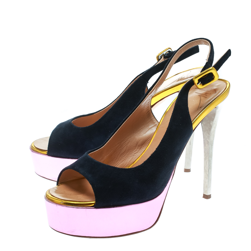 Giuseppe Zanotti Multicolor Suede And Leather Peep Toe Platform Slingback Sandals Size 36.5