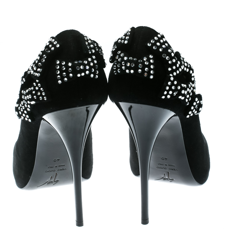 Giuseppe Zanotti Black Crystal Bow Embellished Suede Pumps Size 40