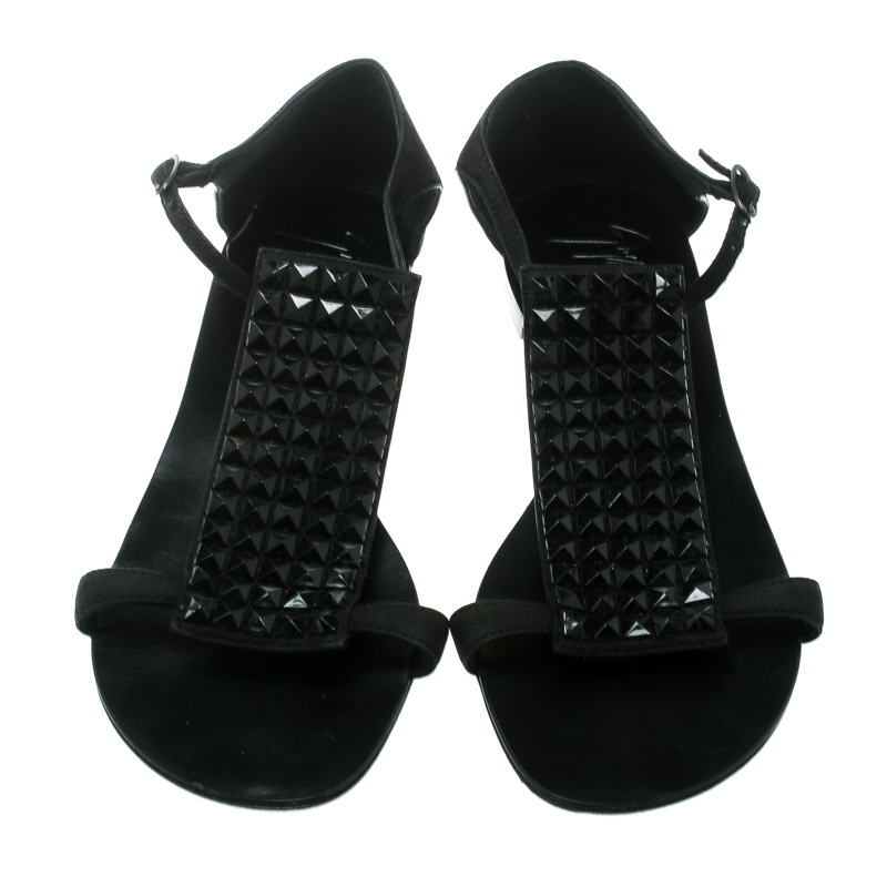 Giuseppe Zanotti Black Nubuck Leather Studded Flat Sandals Size 35