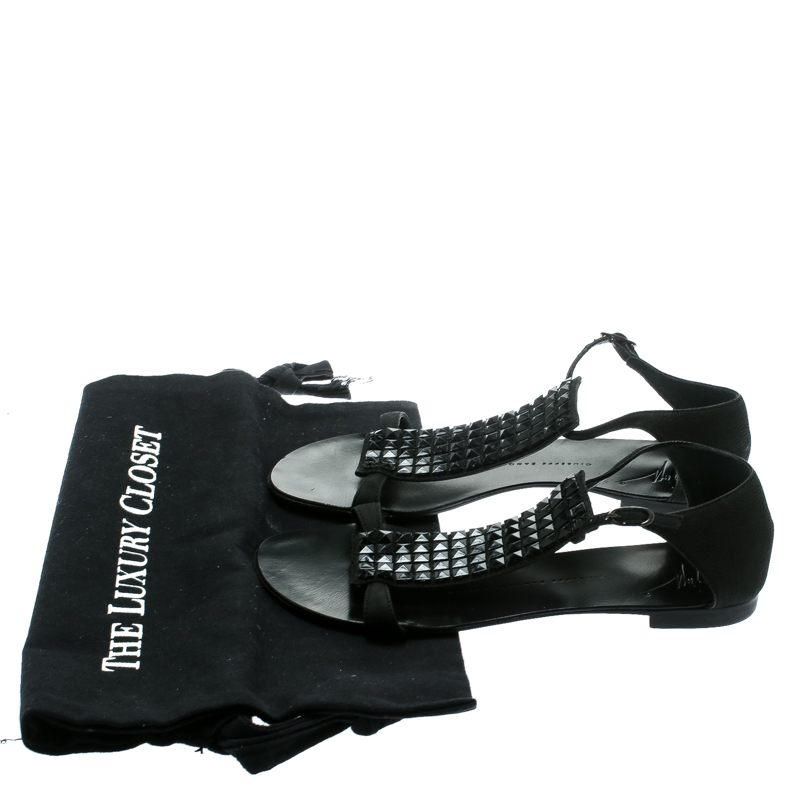 Giuseppe Zanotti Black Nubuck Leather Studded Flat Sandals Size 35