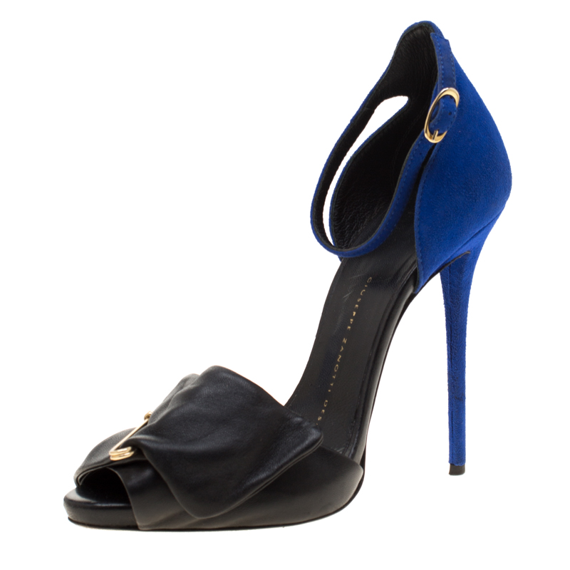 

Giuseppe Zanotti Black Leather And Blue Suede Safety Pin Ankle Strap Sandals Size